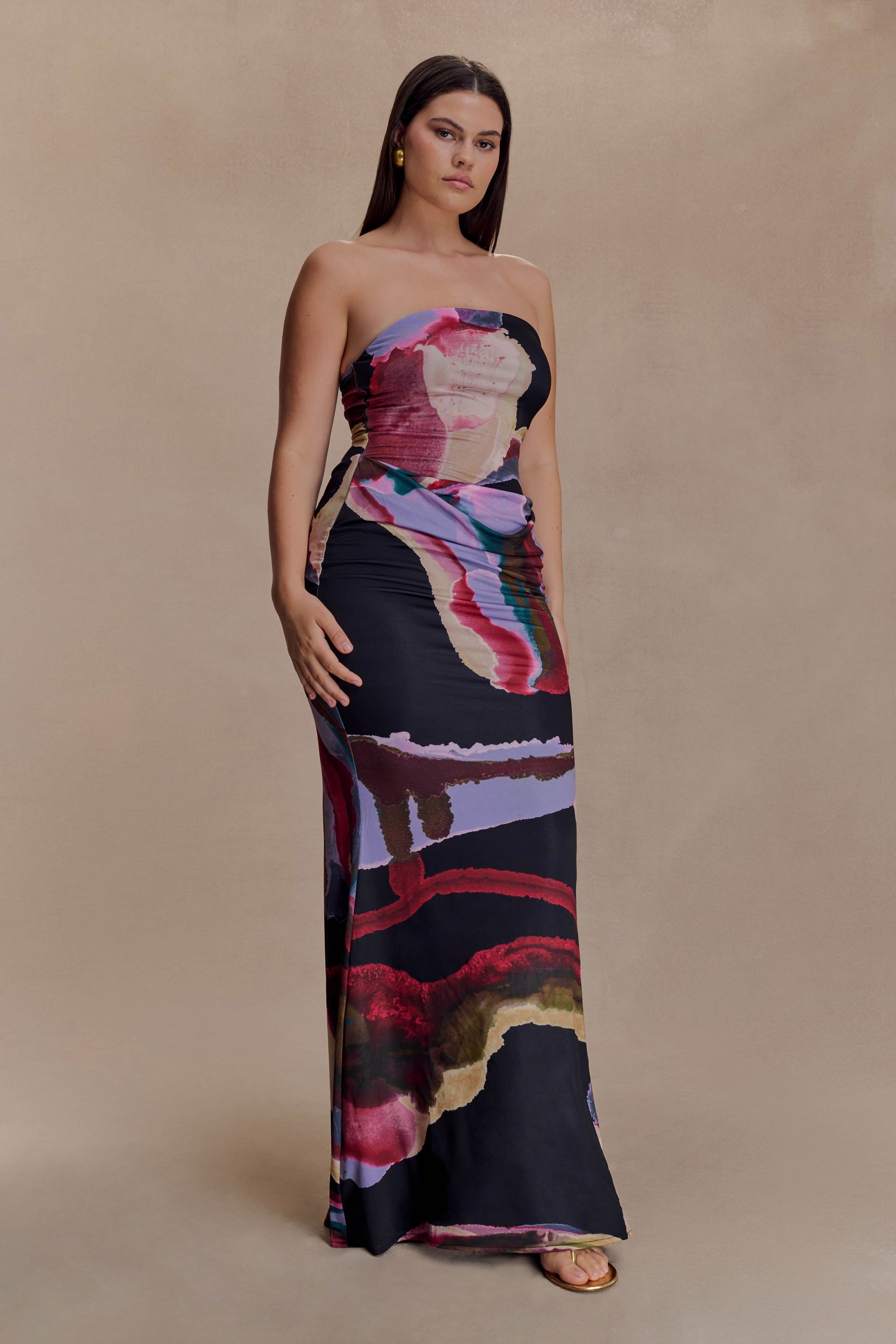 Madison Strapless Slinky Maxi Dress - Multi Fluid Reverie Print #7