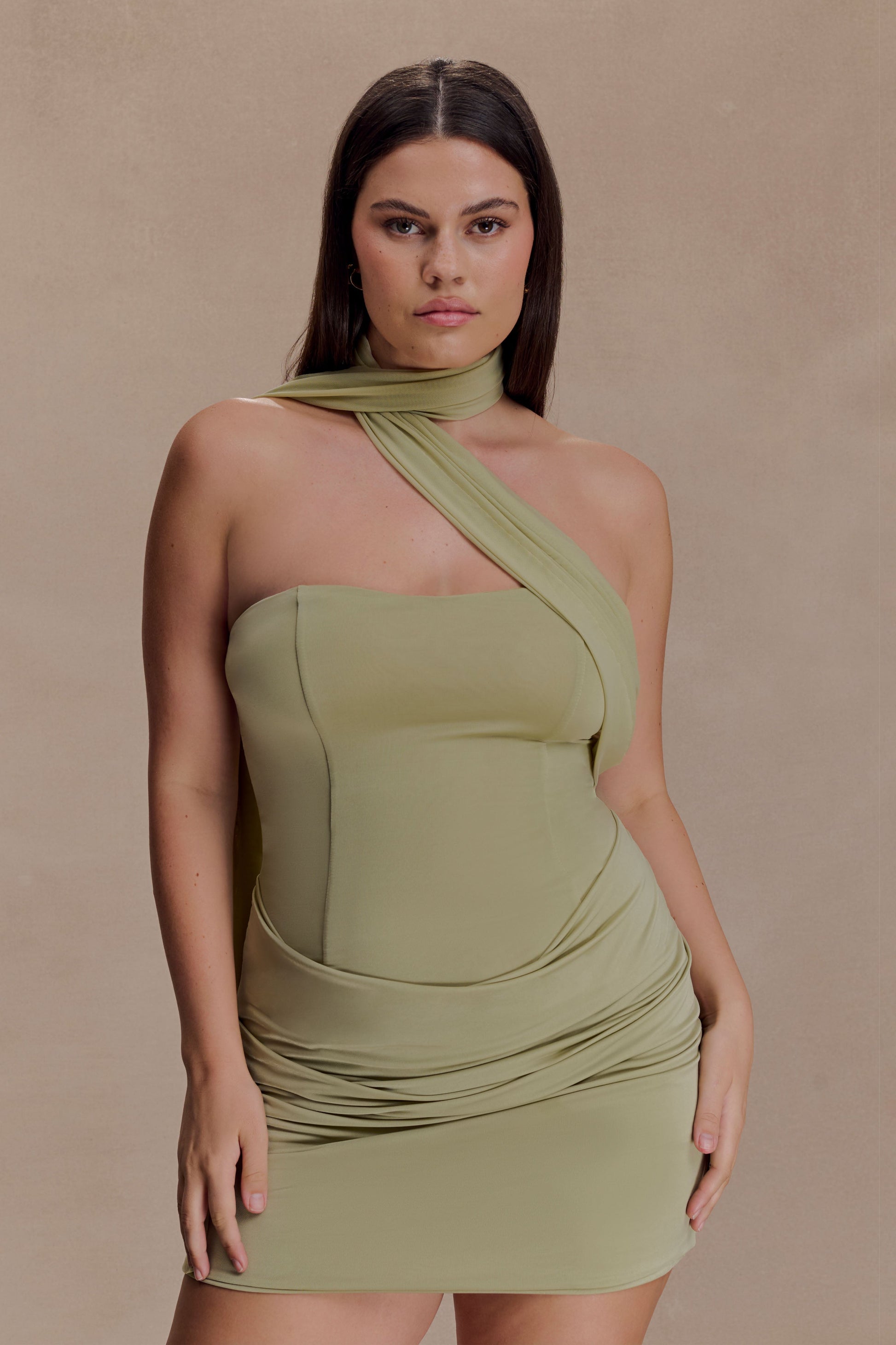 Mattea Slinky And Mesh Mini Dress With Scarf - Sage #5