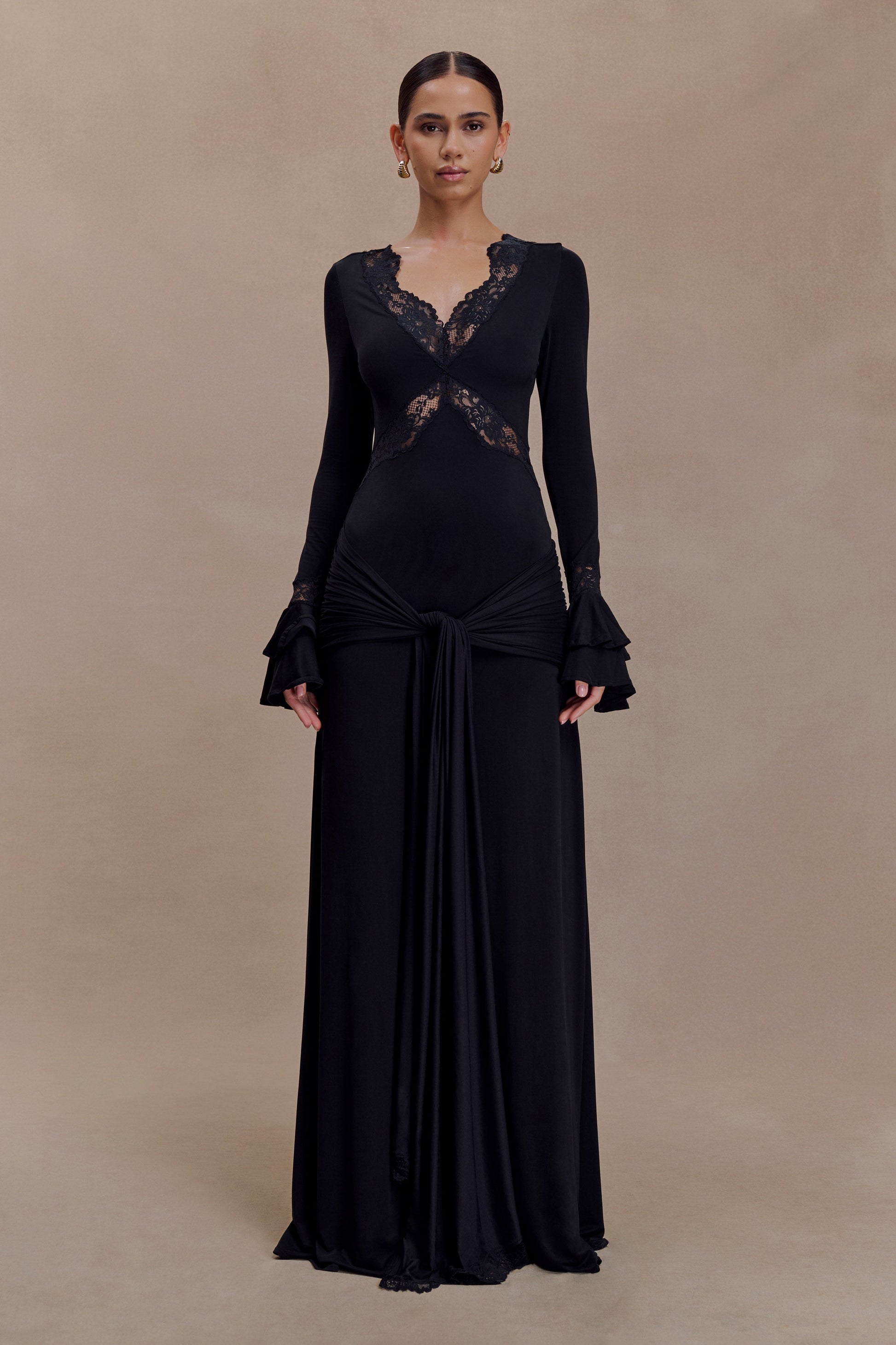 Electra Slinky Lace Maxi Dress - Black