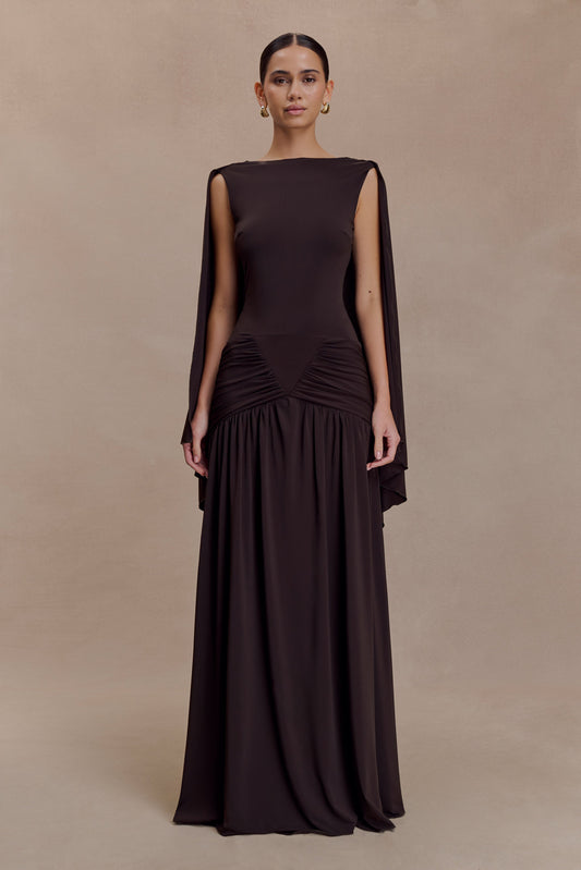 Emory Jersey Cape Maxi Dress - Chocolate