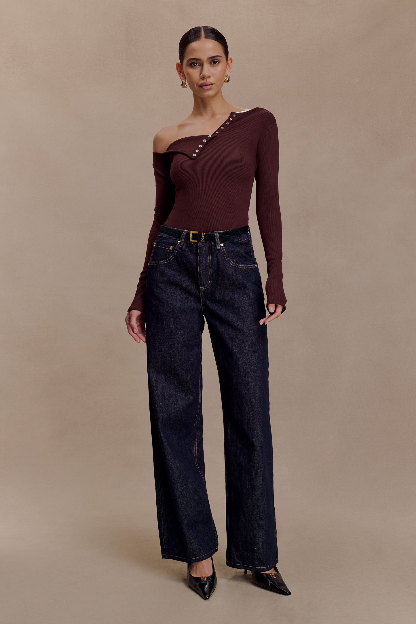 Maelle Off Shoulder Long Sleeve Top - Deep Chocolate