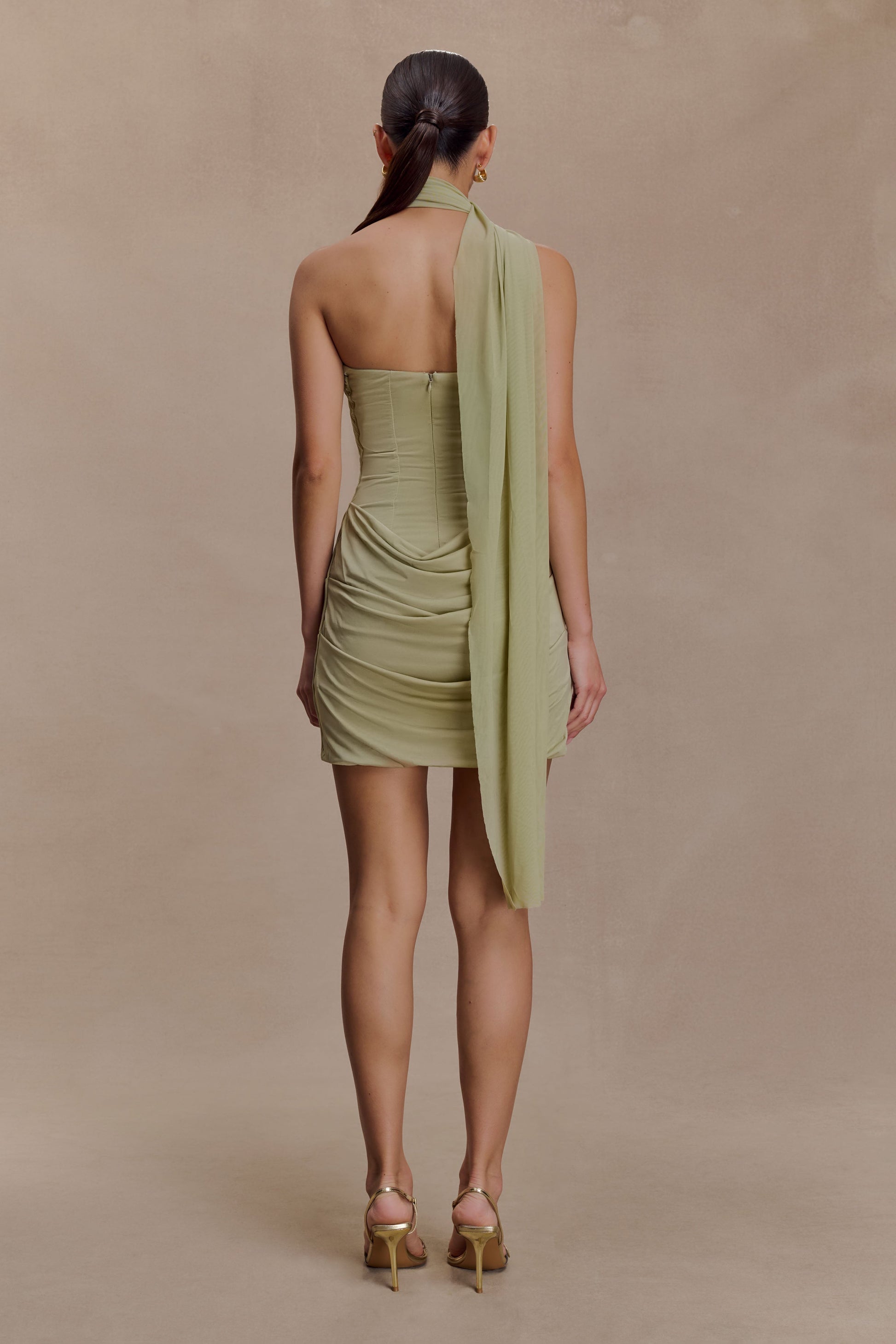 Mattea Slinky And Mesh Mini Dress With Scarf - Sage #2