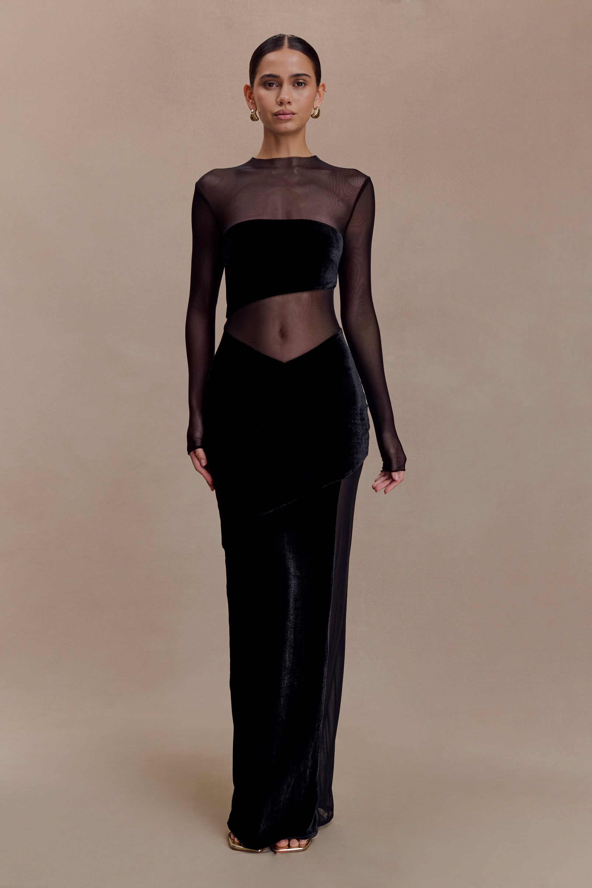 Davina Velvet And Mesh Maxi Dress - Black #7