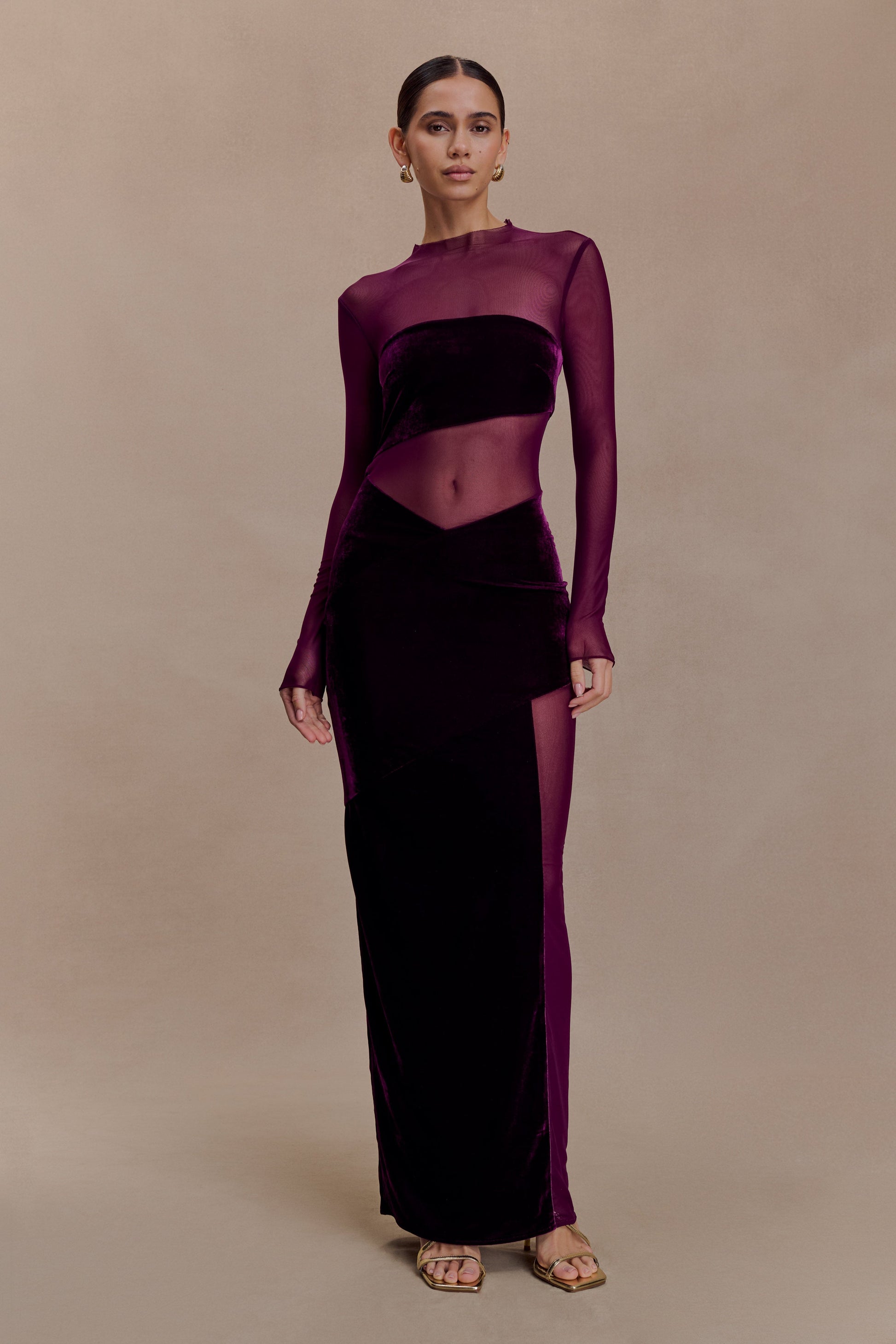Davina Velvet And Mesh Maxi Dress - Purple