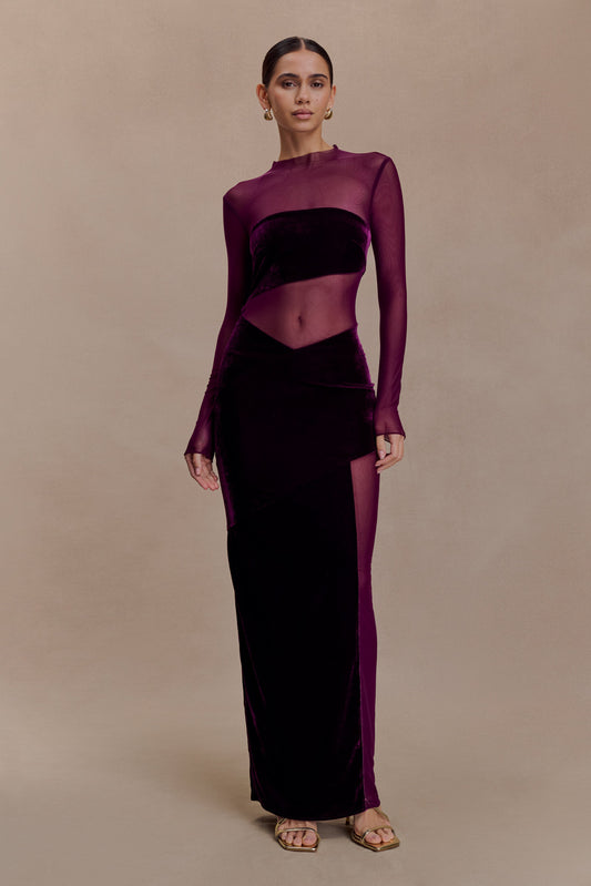 Davina Velvet And Mesh Maxi Dress - Purple
