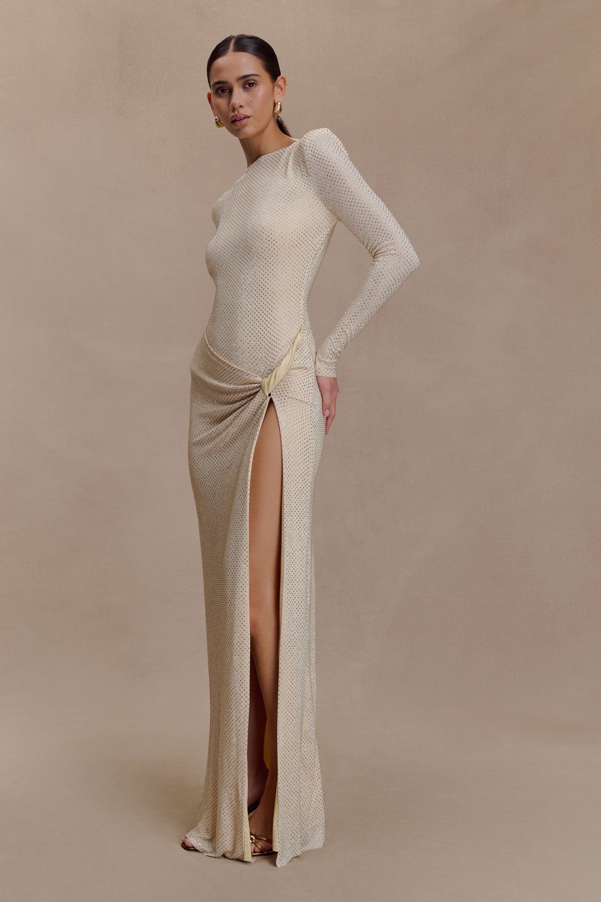 Deanna Long Sleeve Diamante Maxi Dress - Gold #7