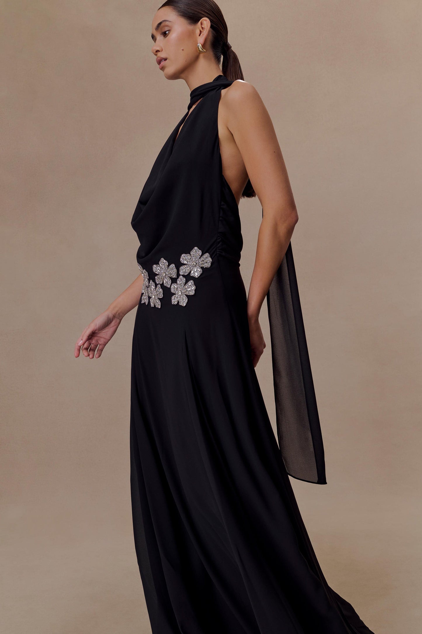Santal Floral Chiffon Halter Maxi Dress - Black