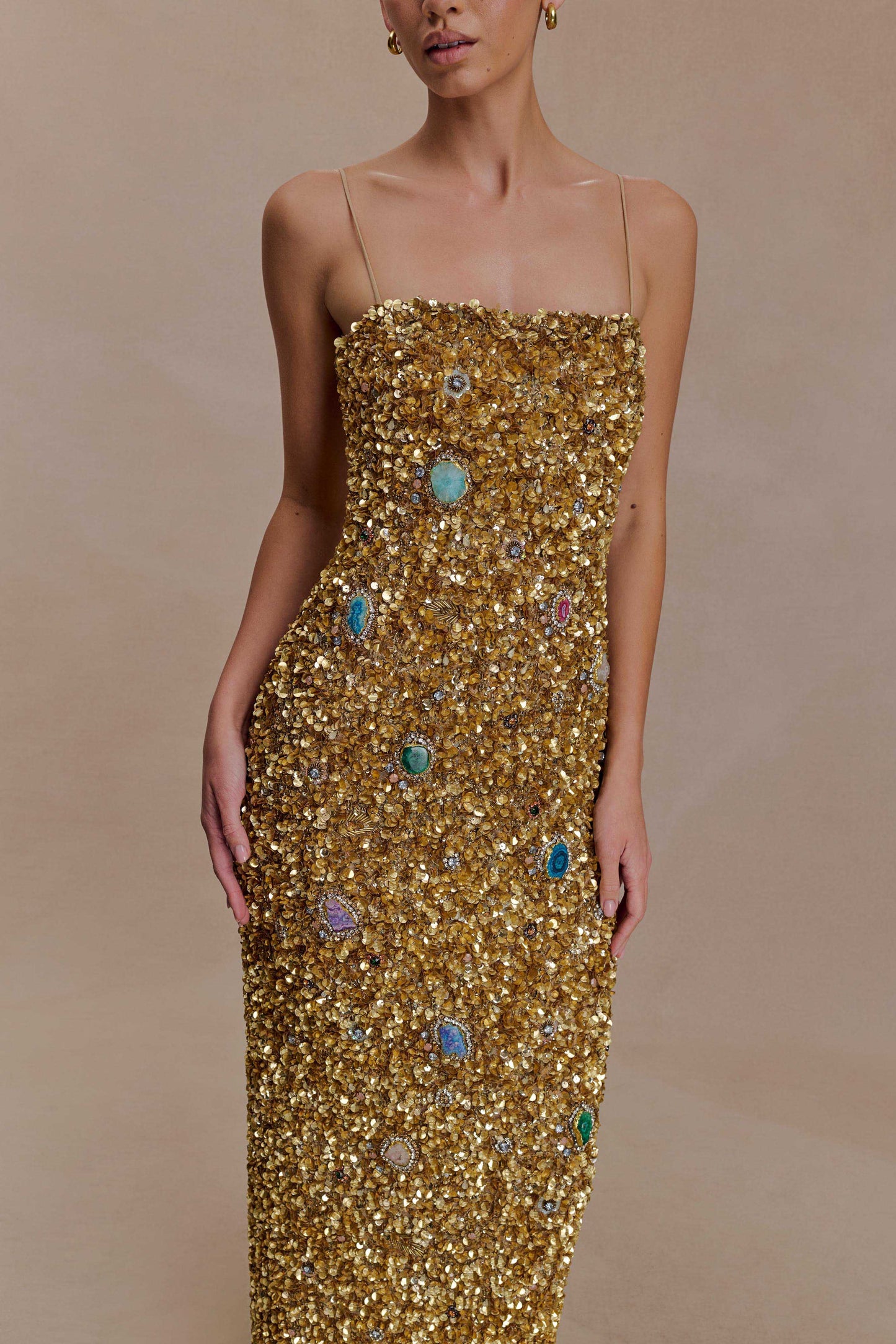 Porter Hand Beaded Midi Dress - Gold