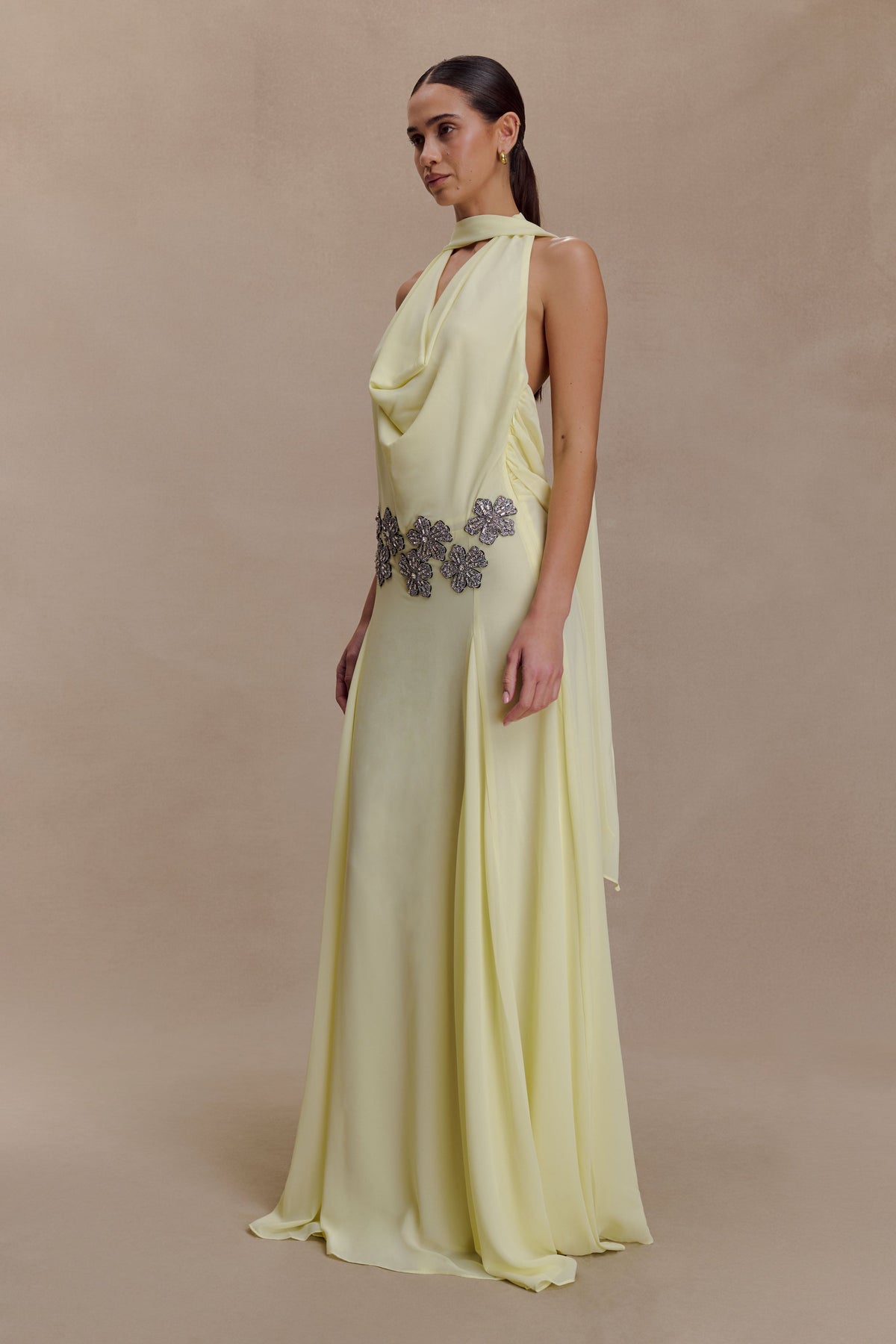 Santal Floral Chiffon Halter Maxi Dress - Lemon #7