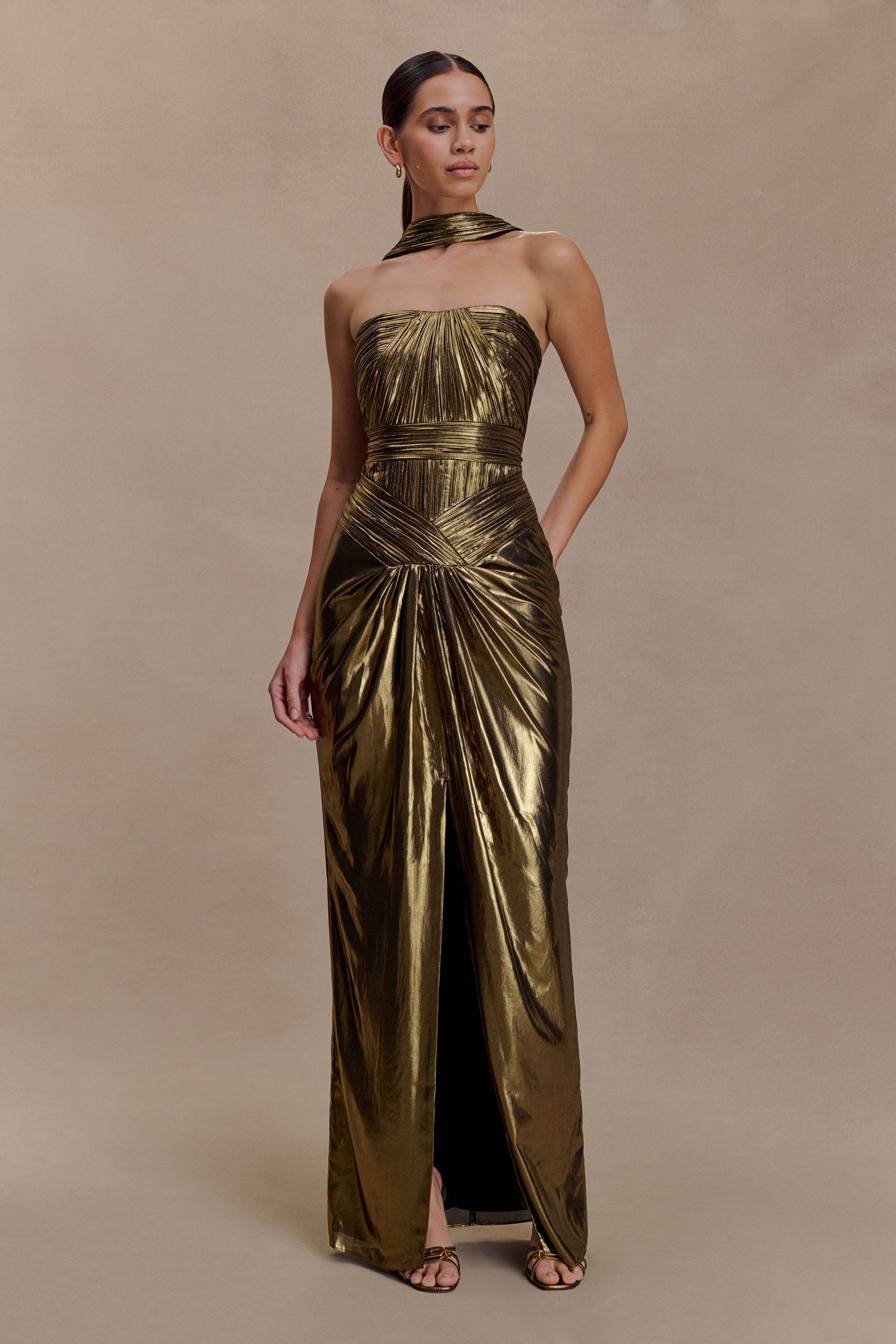 Clemence Plisse Maxi Dress - Gold | MESHKI UK Clemence Plisse Maxi Dress - Gold | MESHKI UK