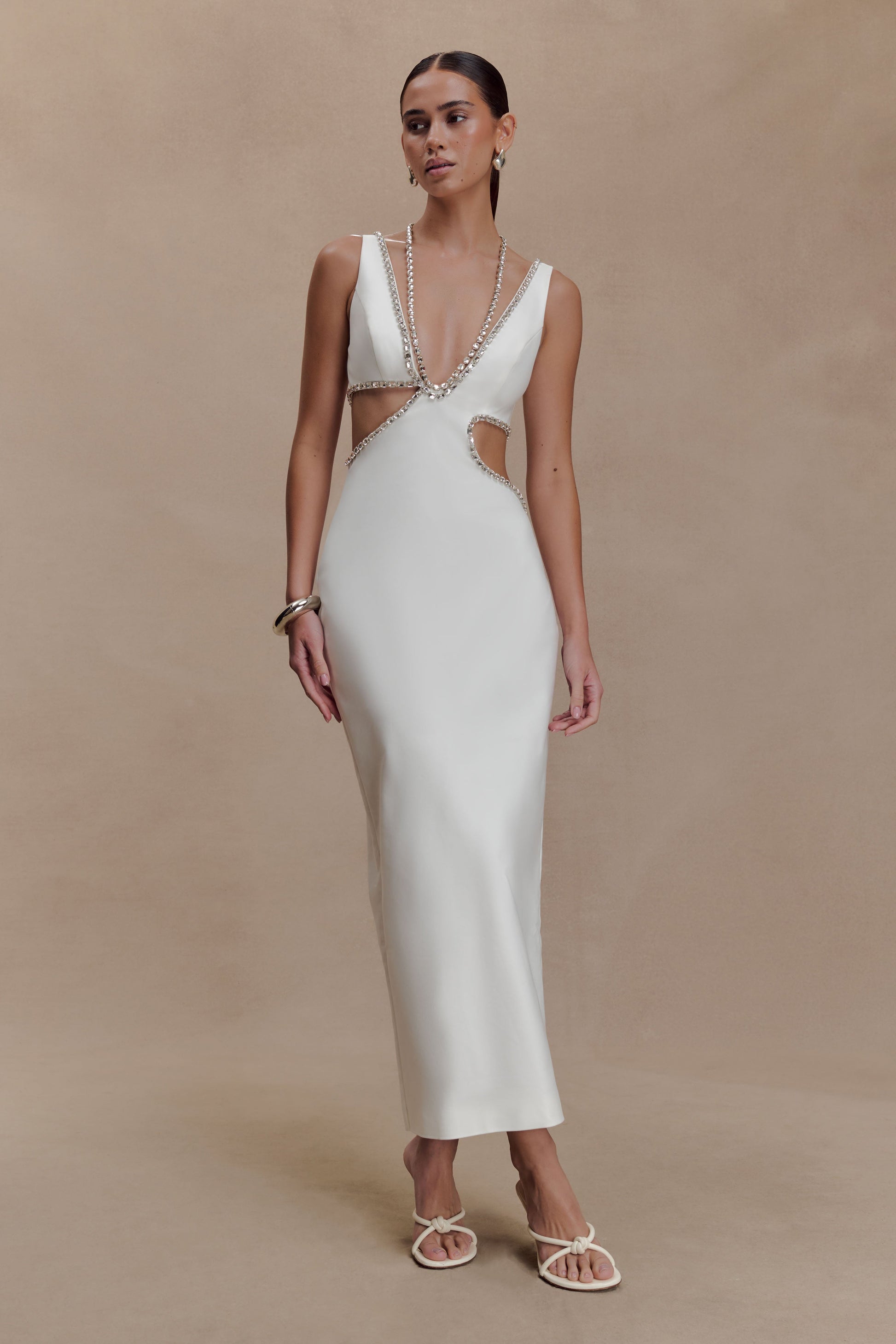 Henny Diamante Trim Cut Out Midi Dress - White #7