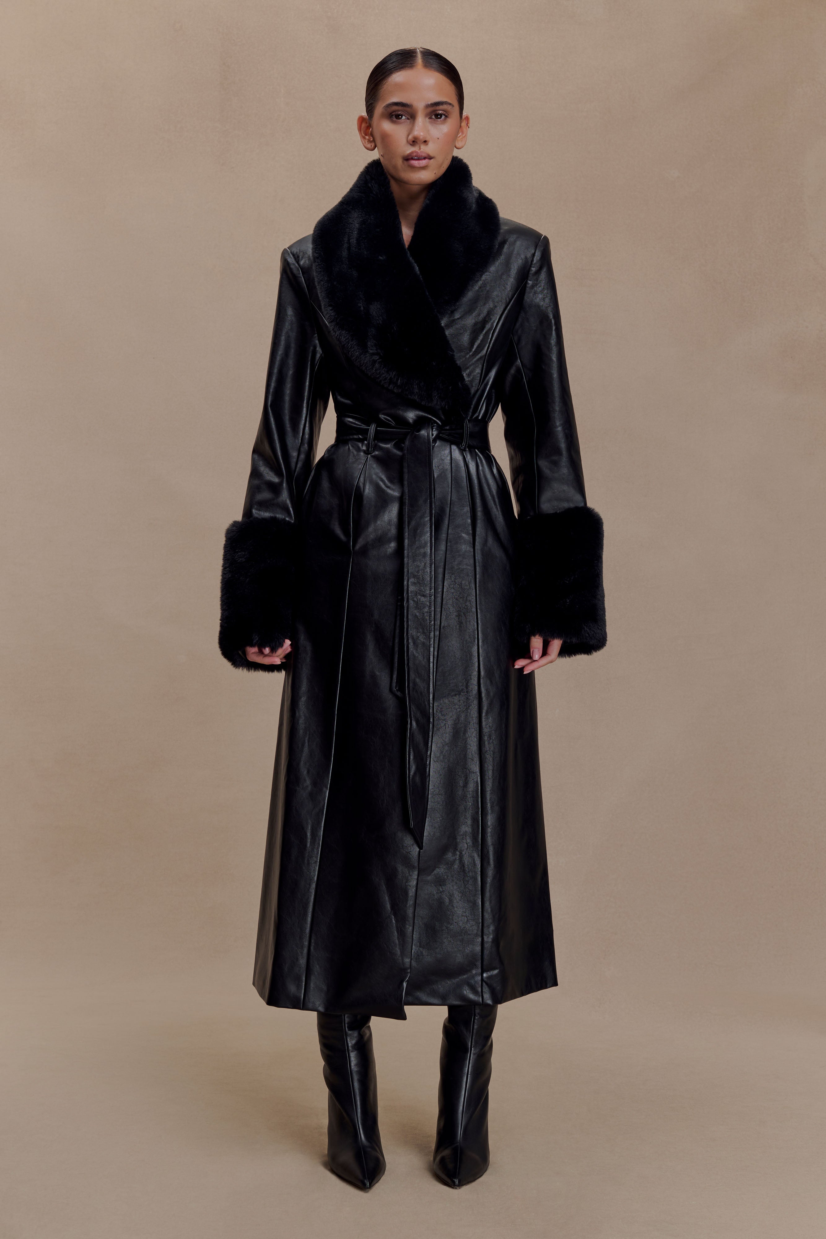 Bec Faux Leather Trench Coat With Faux Fur - Black | MESHKI UK