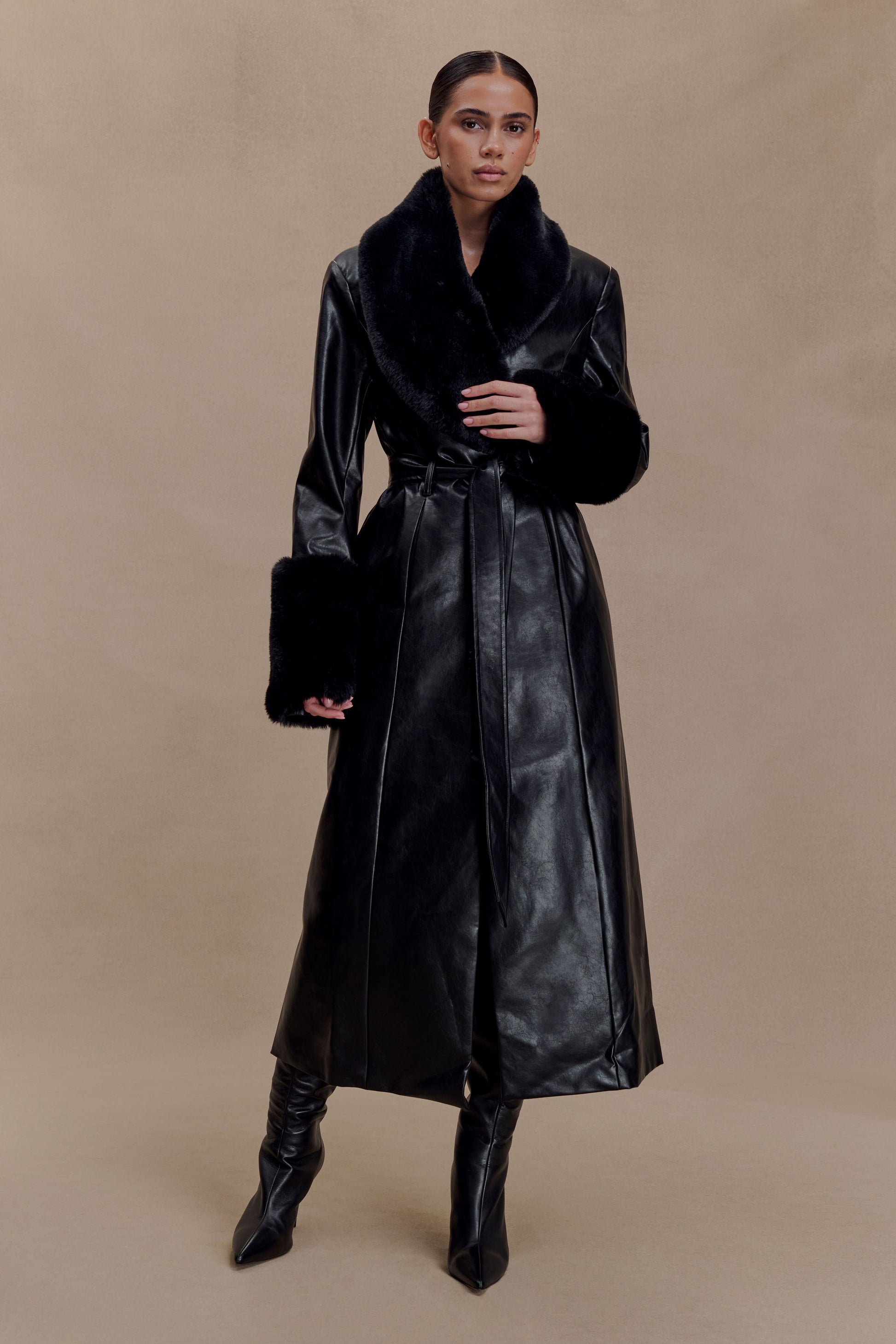 Bec Faux Leather Trench Coat With Faux Fur - Black #5