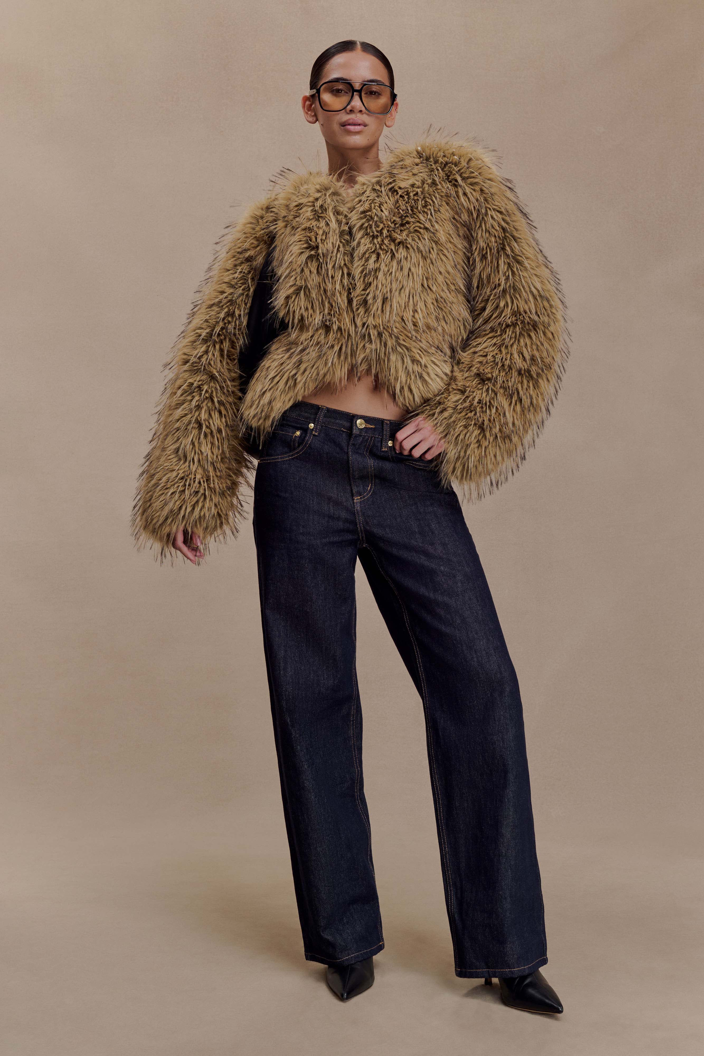 Ottie Mongolian Faux Fur Cropped Jacket - Brown Multi | MESHKI UK