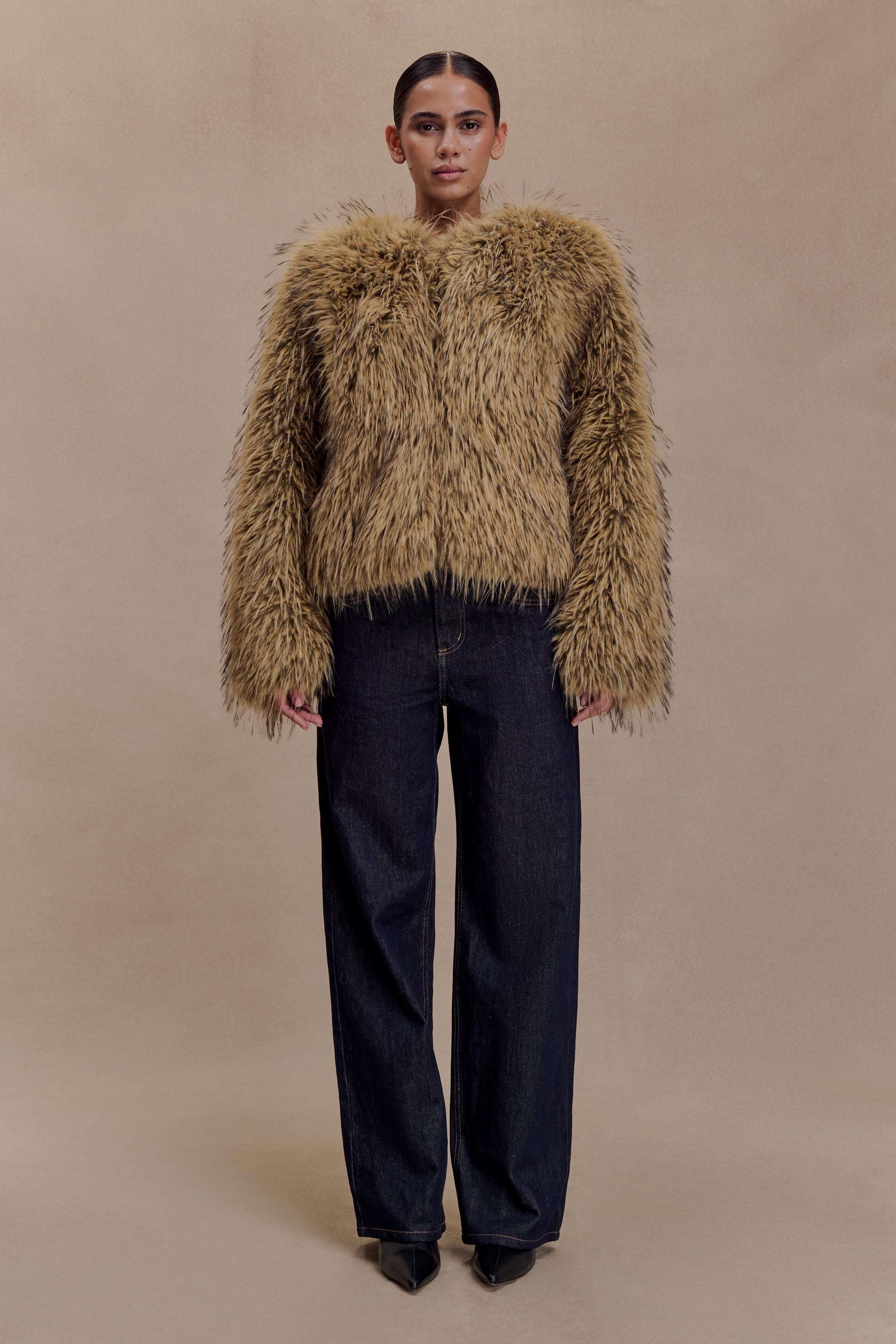 Ottie Mongolian Faux Fur Cropped Jacket - Brown Multi #5