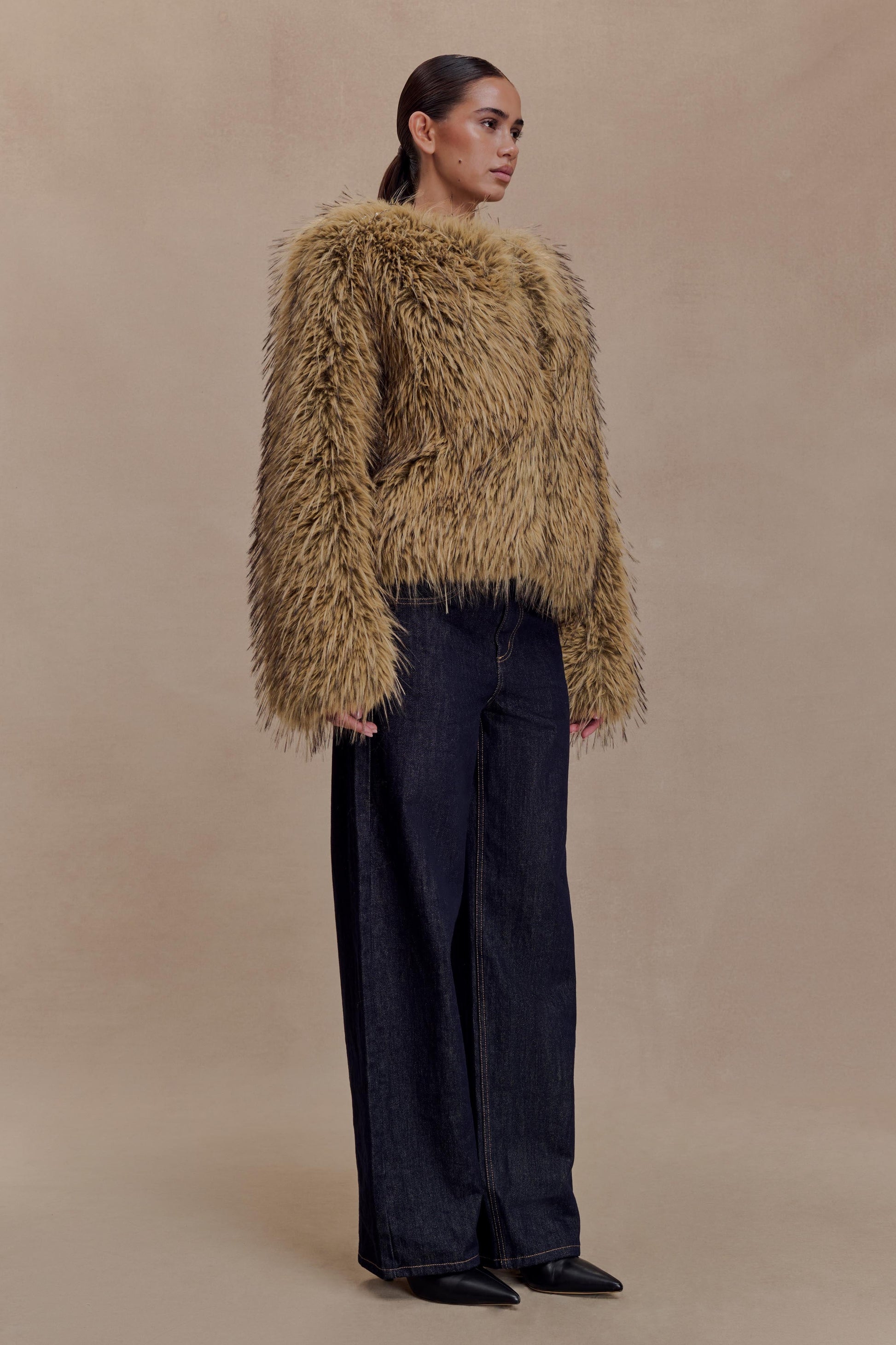 Ottie Mongolian Faux Fur Cropped Jacket - Brown Multi #5