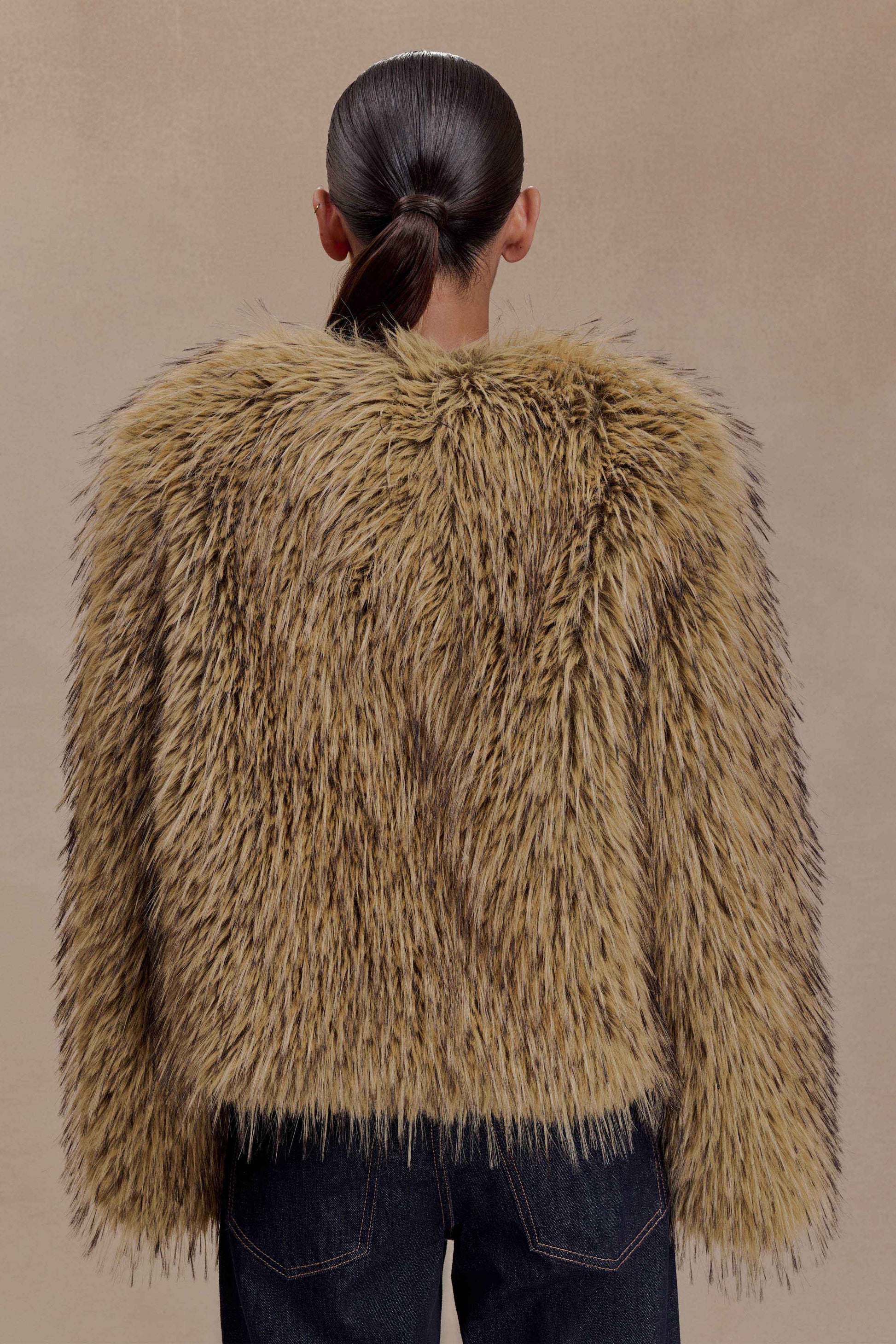 Ottie Mongolian Faux Fur Cropped Jacket - Brown Multi #6