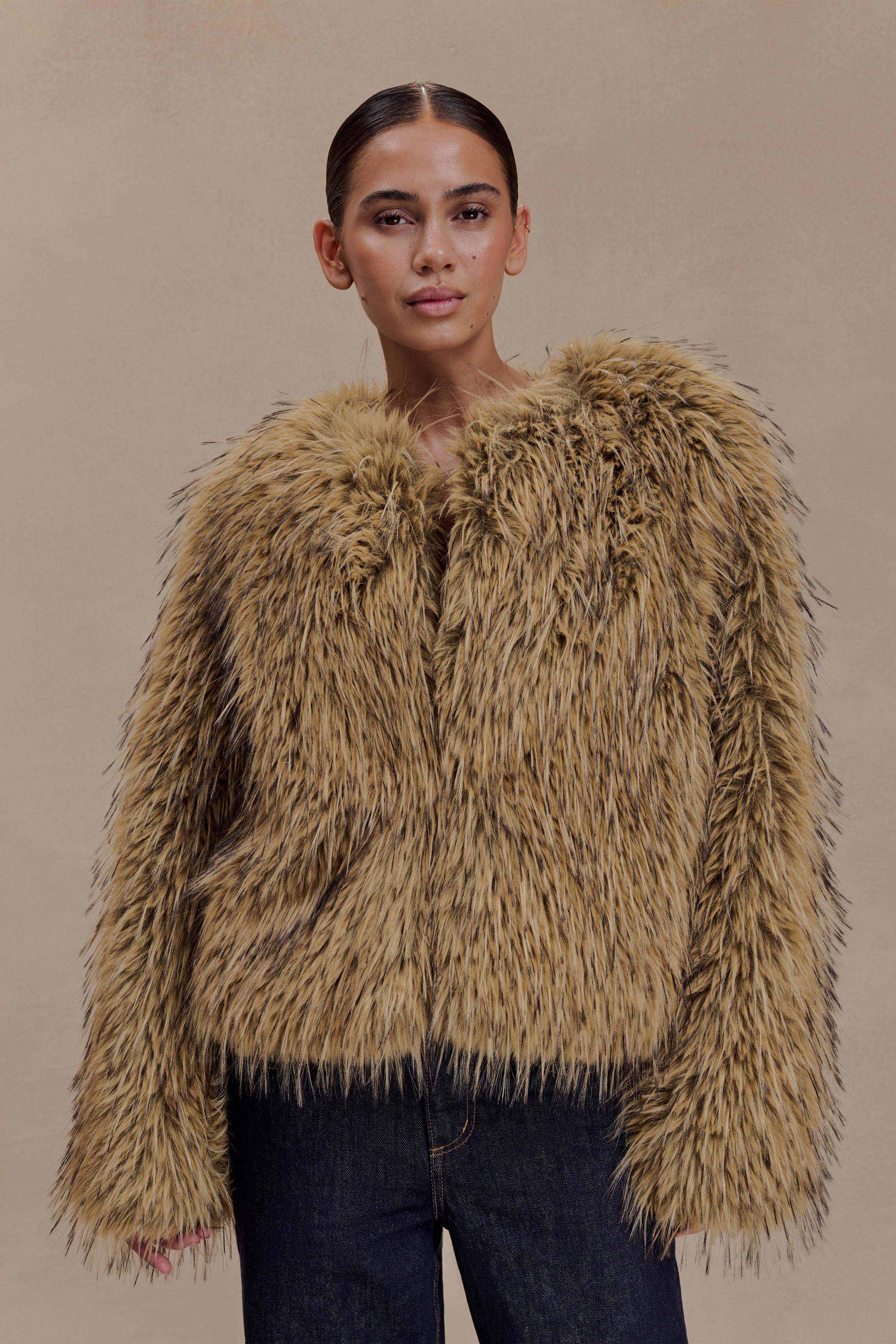 Ottie Mongolian Faux Fur Cropped Jacket - Brown Multi | MESHKI UK
