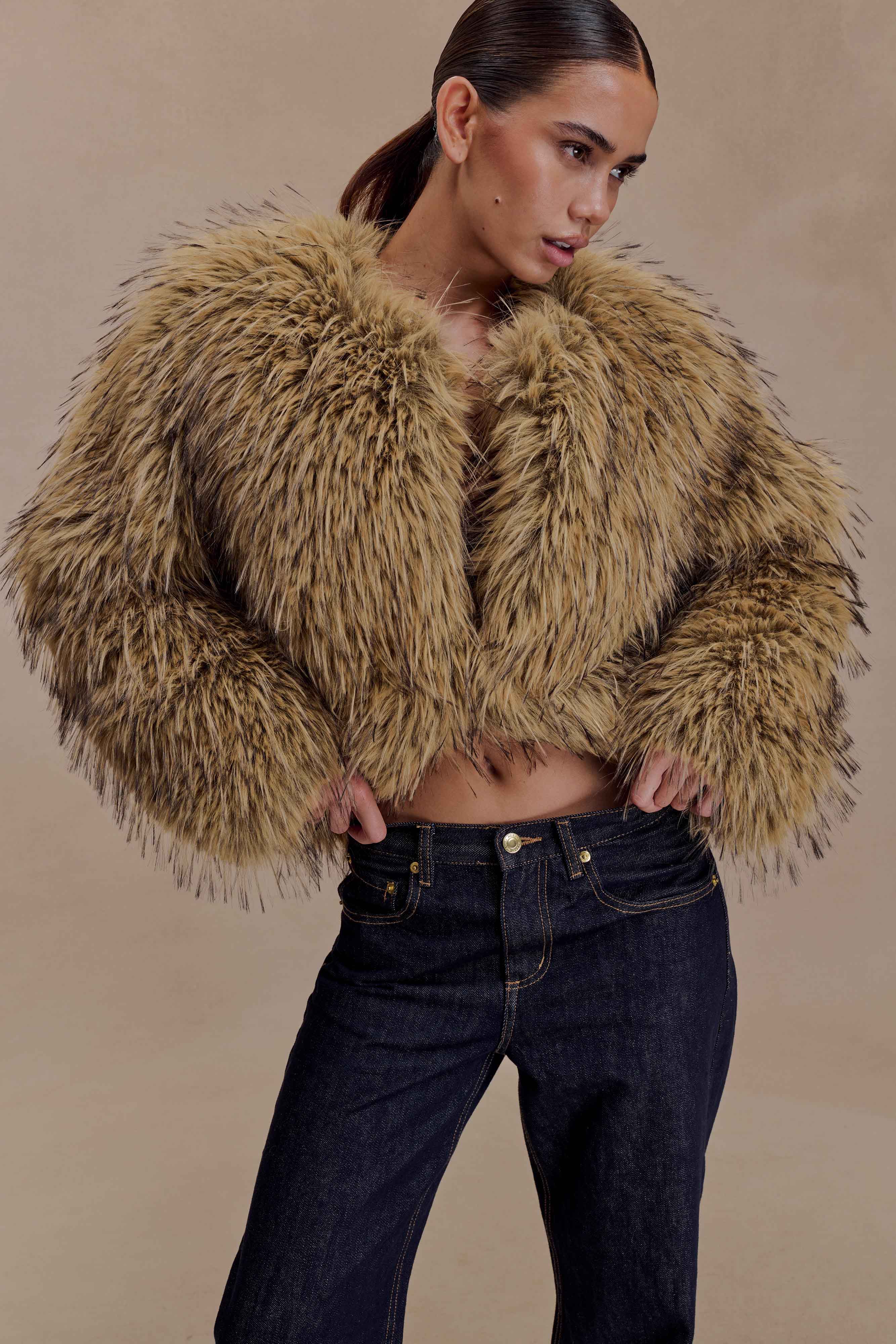 Ottie Mongolian Faux Fur Cropped Jacket - Brown Multi | MESHKI UK