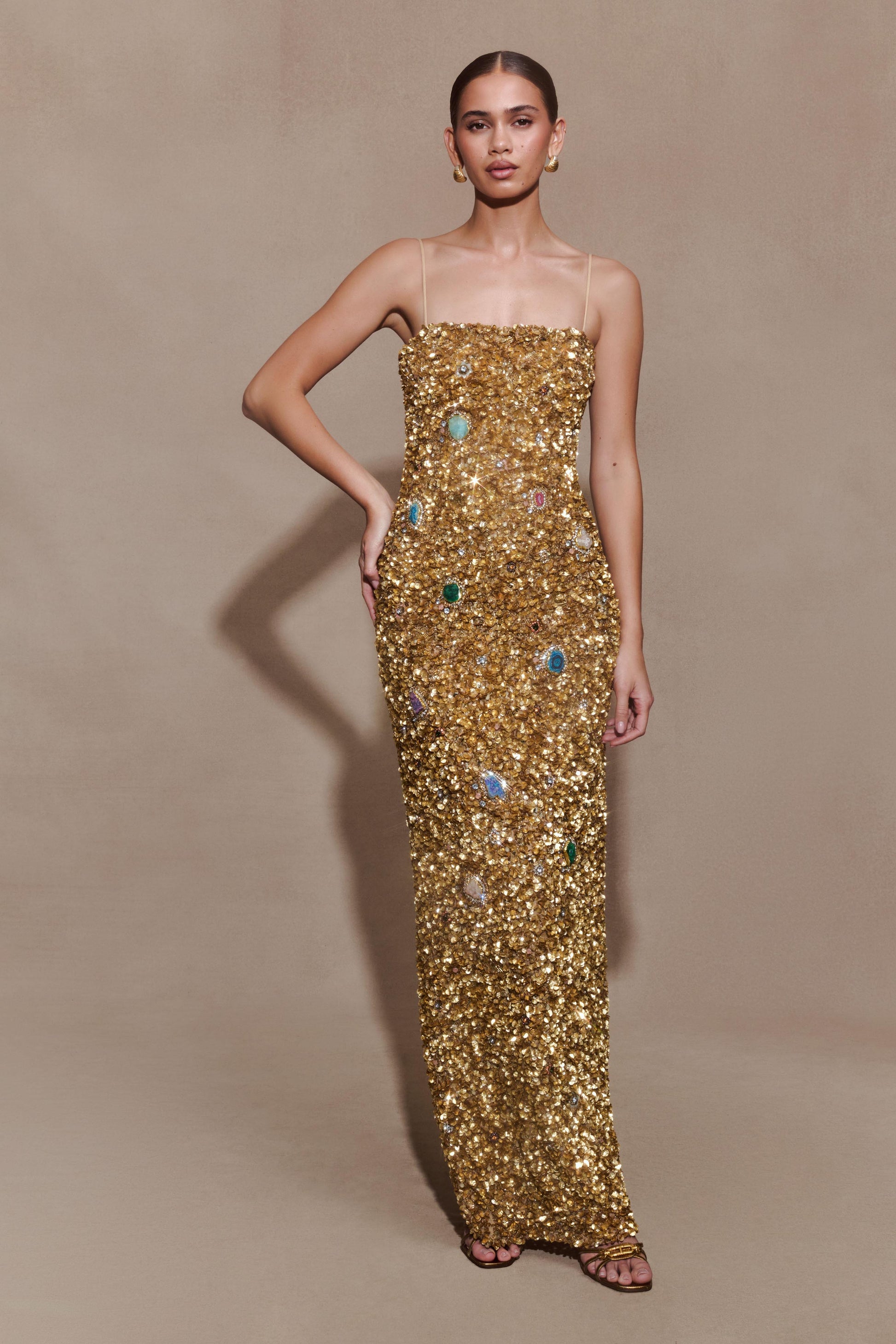 Porter Hand Beaded Midi Dress - Gold | MESHKI UK Porter Hand Beaded Midi Dress - Gold | MESHKI UK