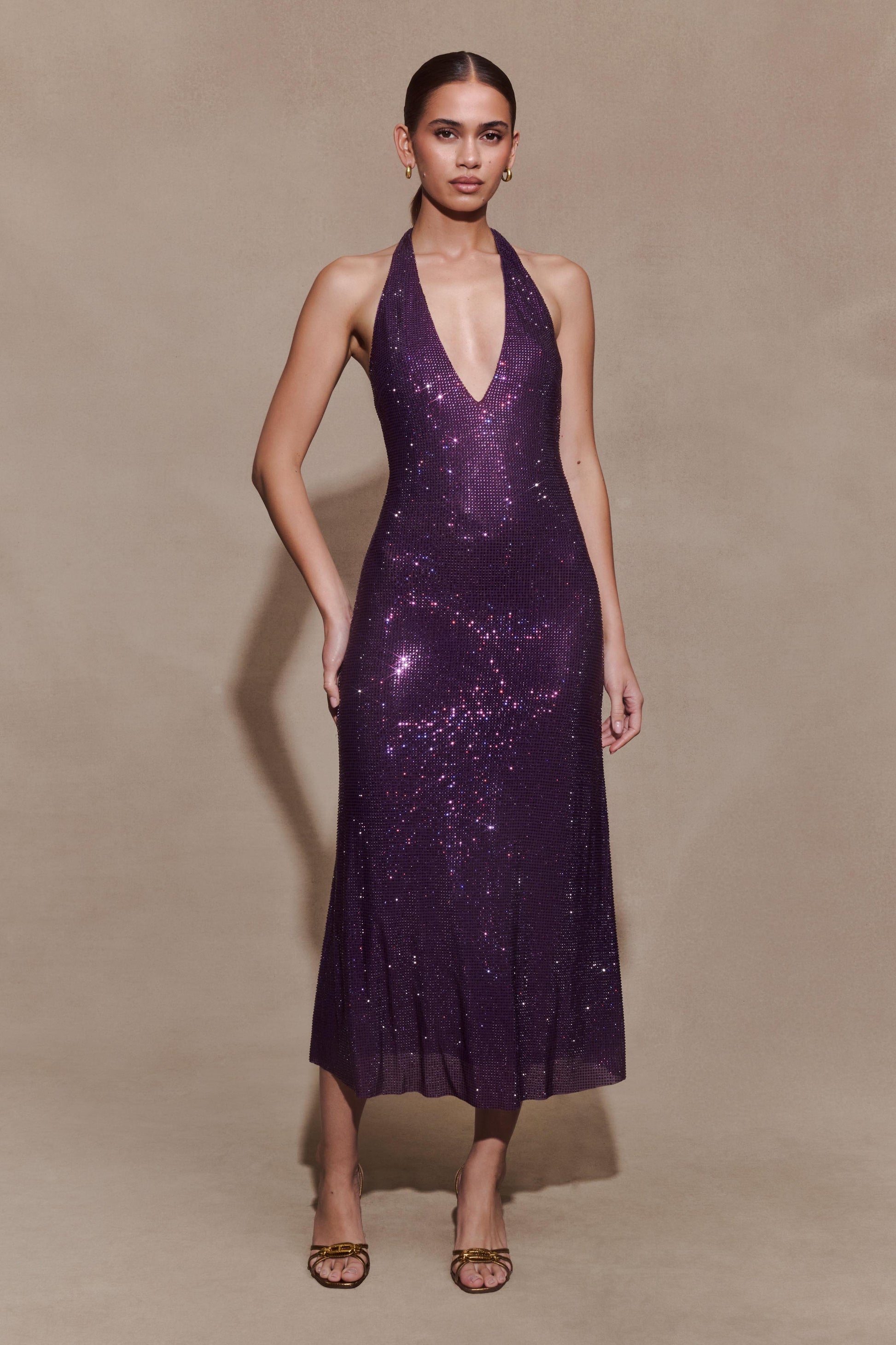 Genie Diamante Halter Midi Dress - Purple #5