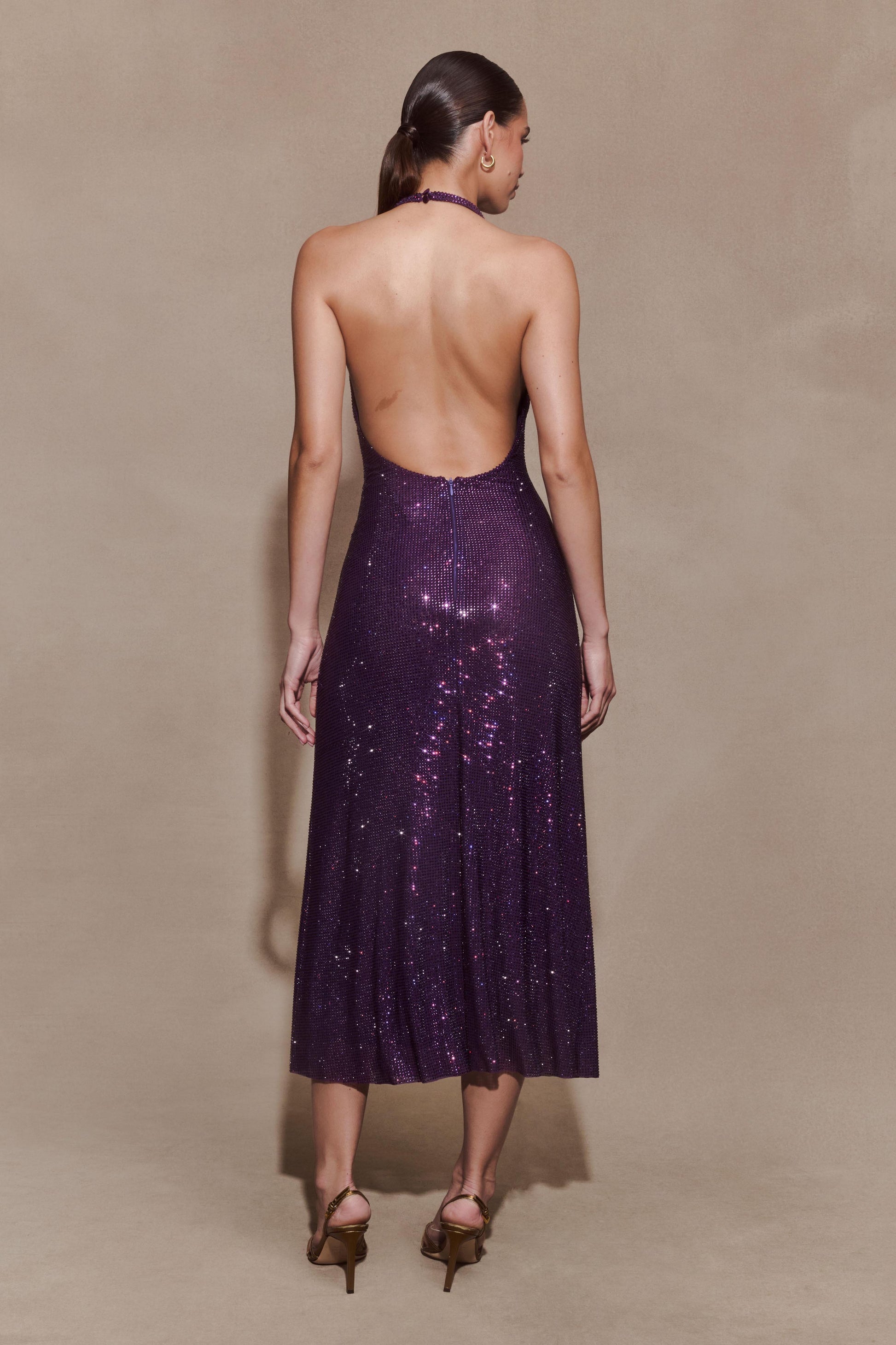 Genie Diamante Halter Midi Dress - Purple #2