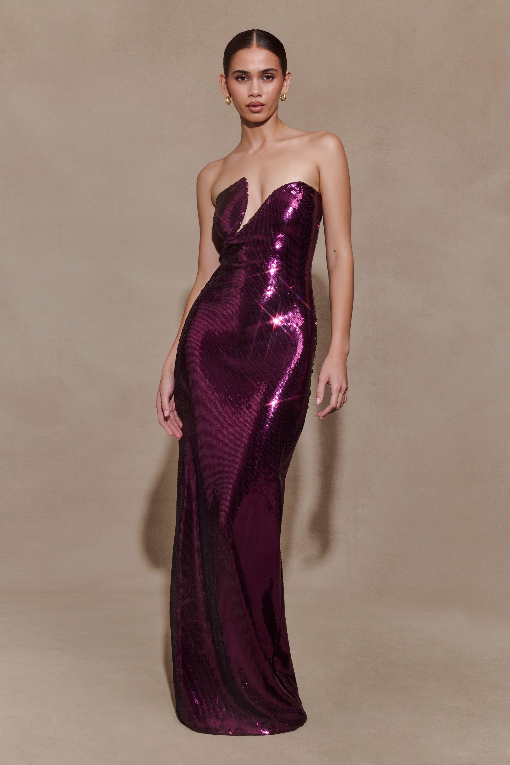 Winston Strapless Sequin Maxi Dress - Plum | MESHKI UK Winston Strapless Sequin Maxi Dress - Plum | MESHKI UK