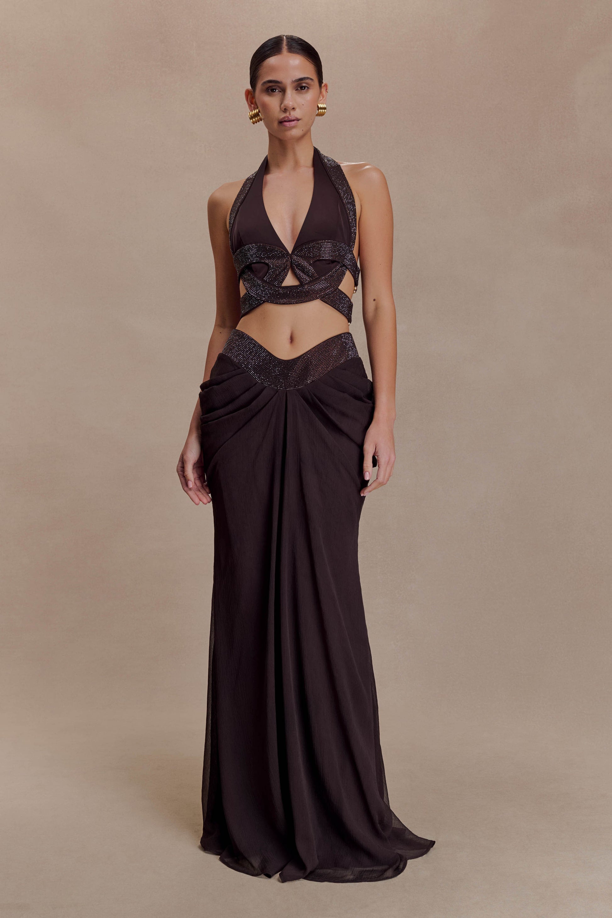 Siren Satin And Diamante Maxi Skirt - Dark Chocolate #3