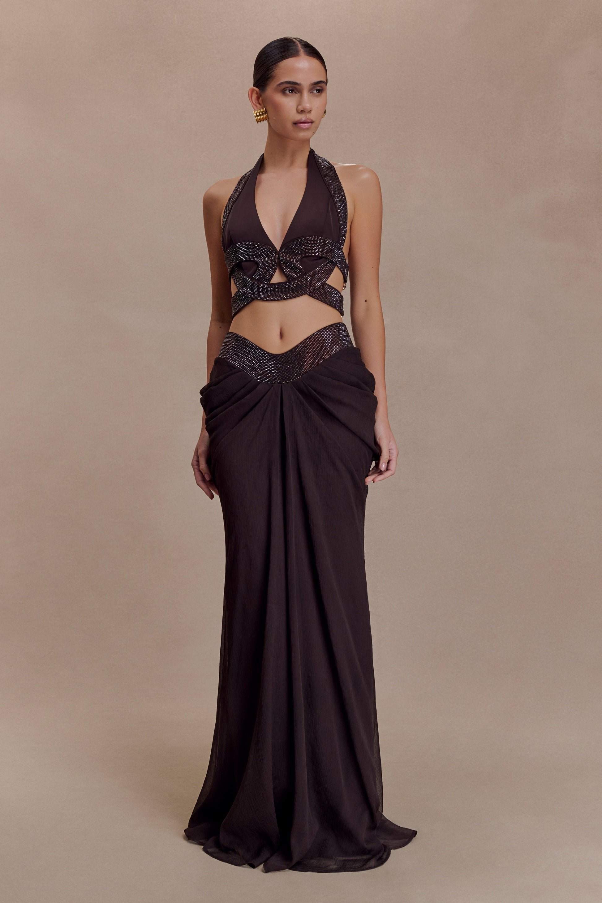Siren Satin And Diamante Halter Top - Dark Chocolate #5