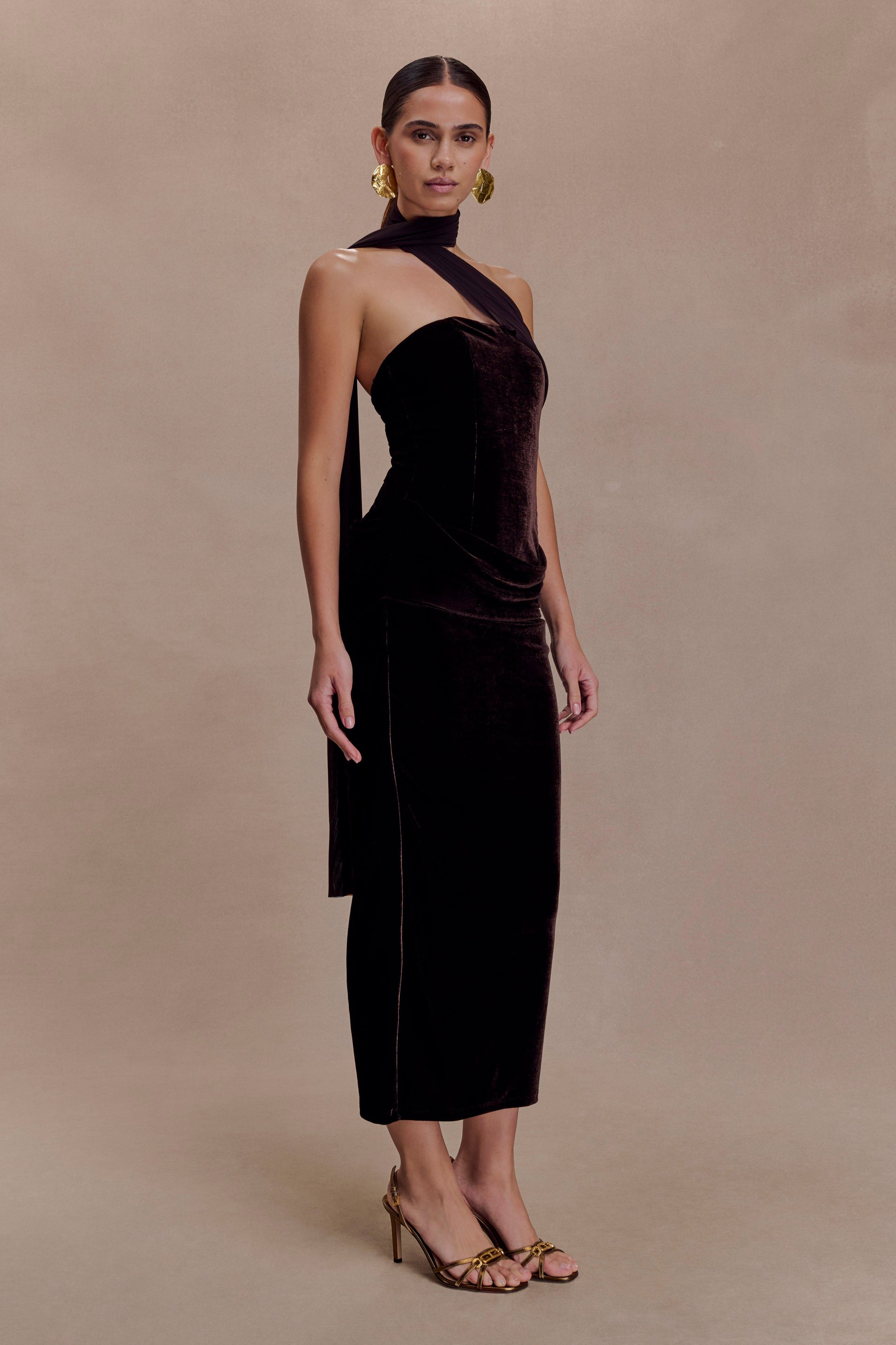 Mattea Velvet Midi Dress With Scarf - Chocolate #4