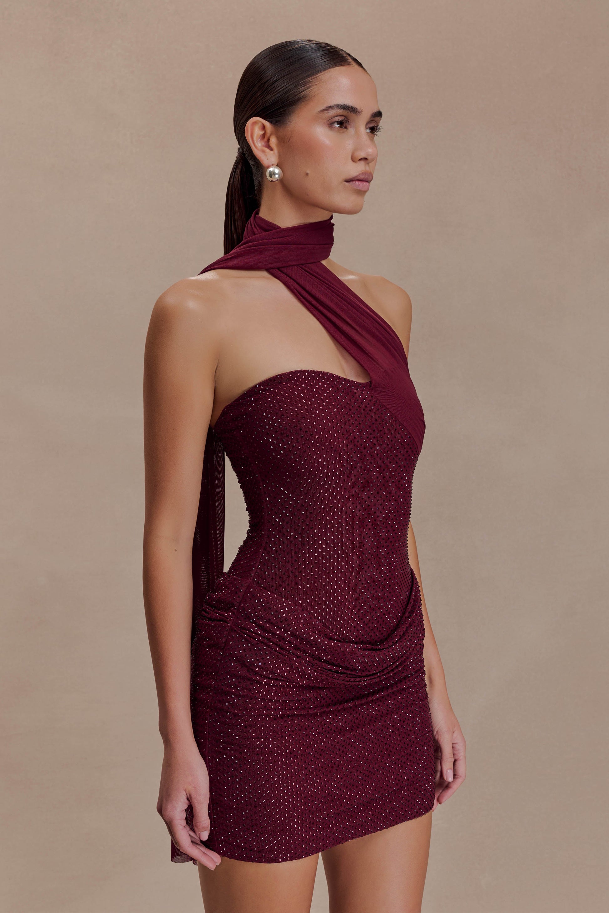 Mattea Diamante Mini Dress With Scarf - Plum #4