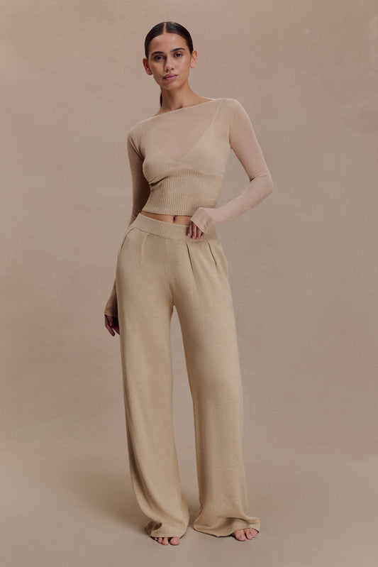 Frannie Gathered Silk Blend Knit Pants - Sand