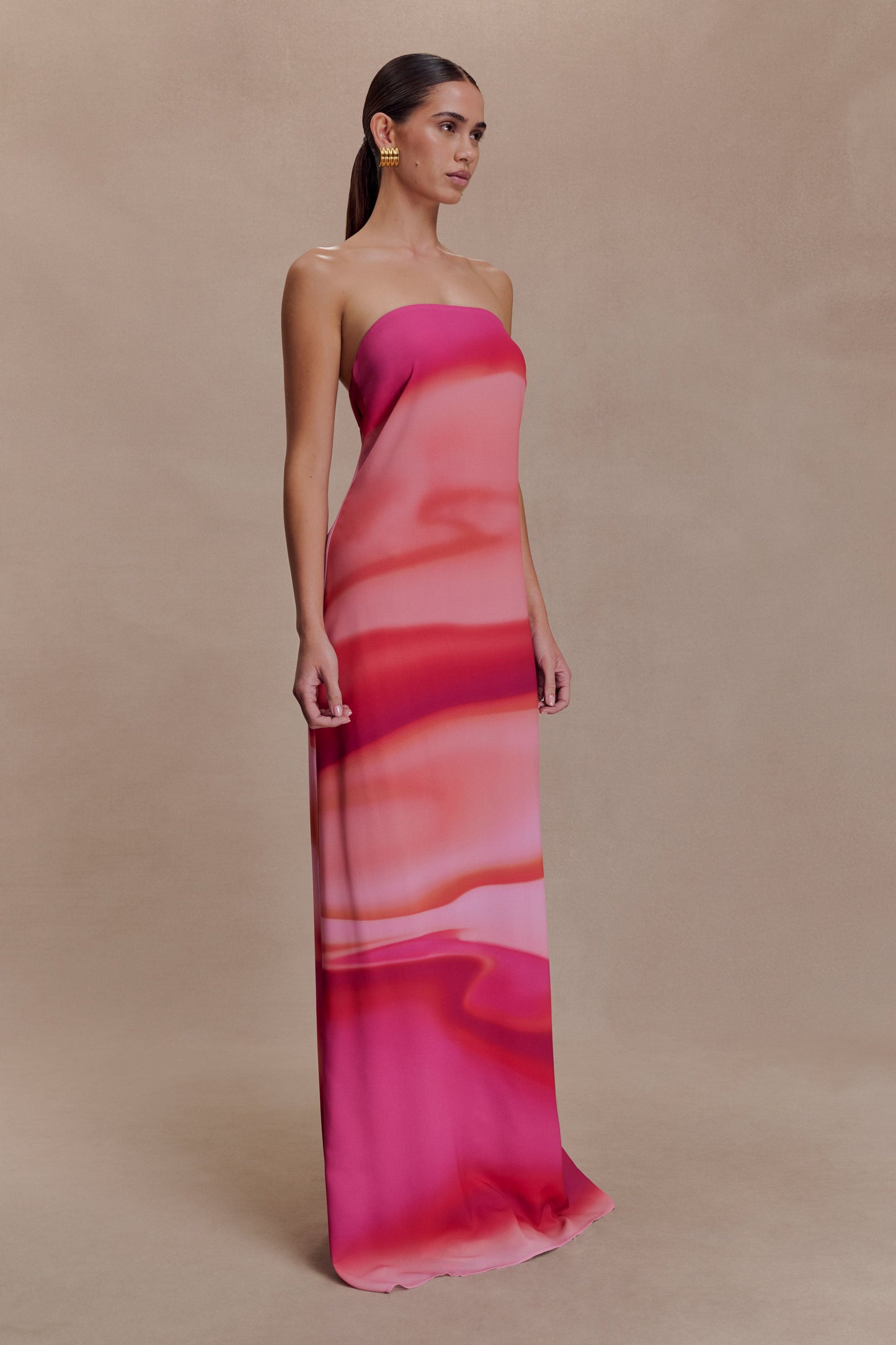 Amaya Strapless Chiffon Maxi Dress - Pink Sunset Print