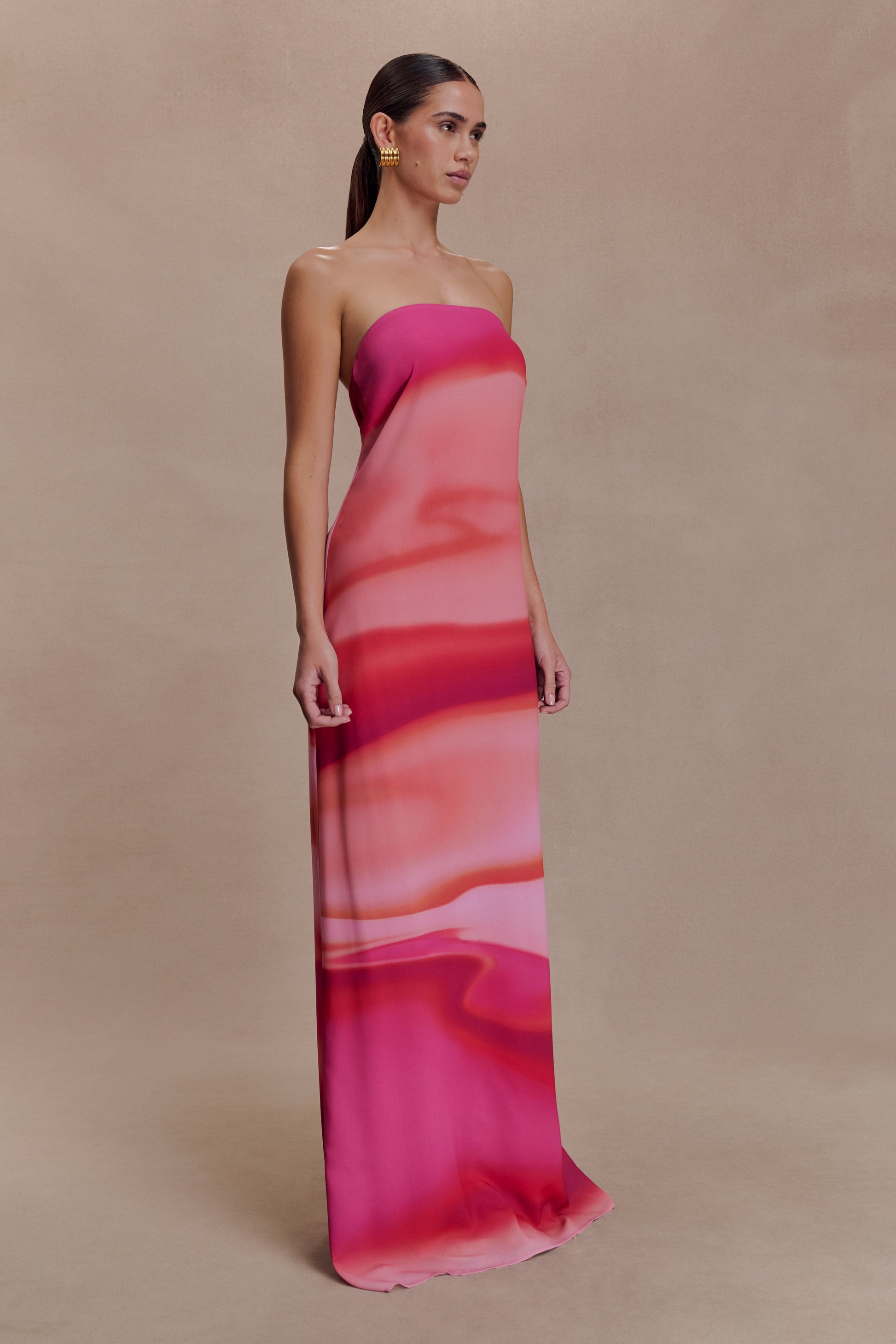 Amaya Strapless Chiffon Maxi Dress - Pink Sunset Print #4