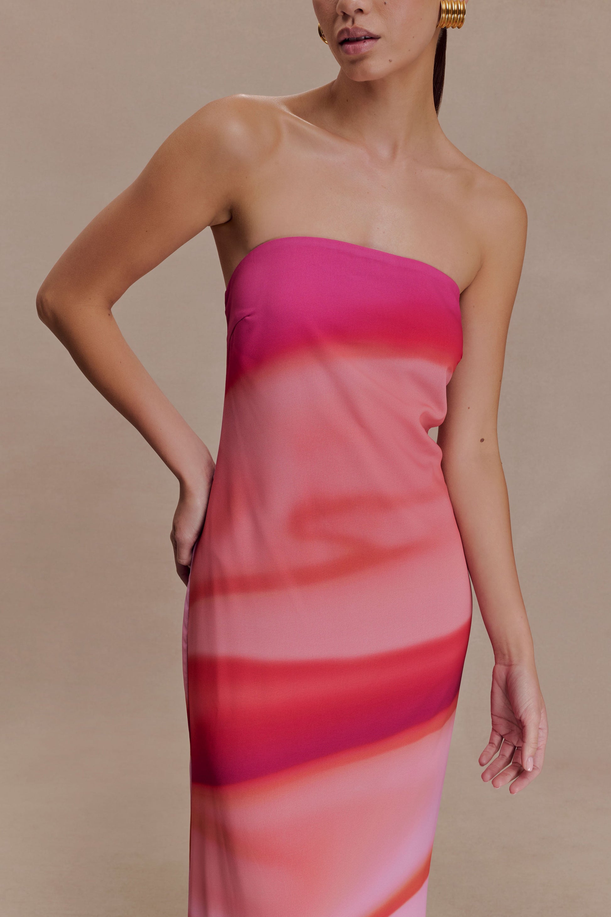 Amaya Strapless Chiffon Maxi Dress - Pink Sunset Print #3