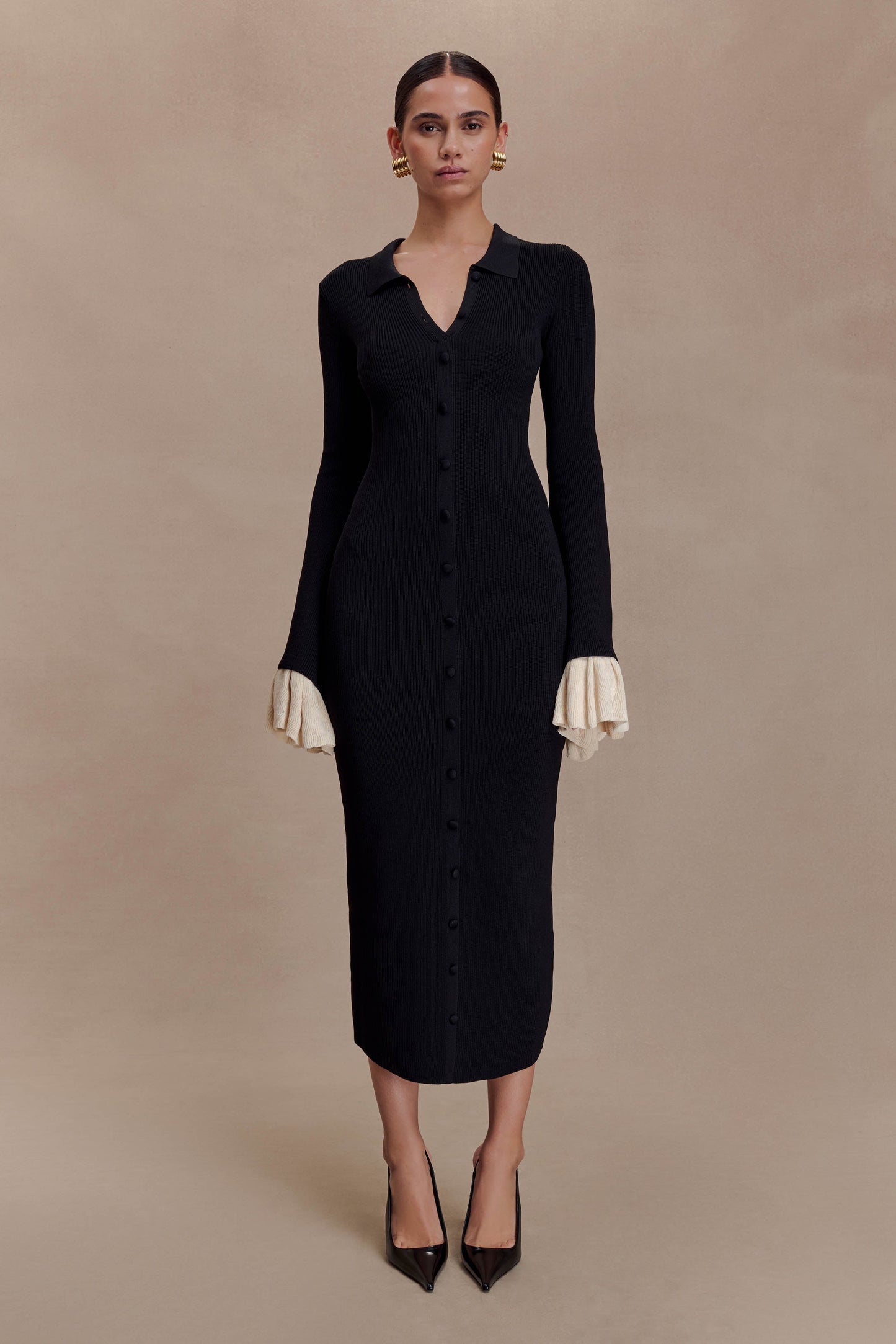 Amirose Ruffle Knit Midi Dress - Black