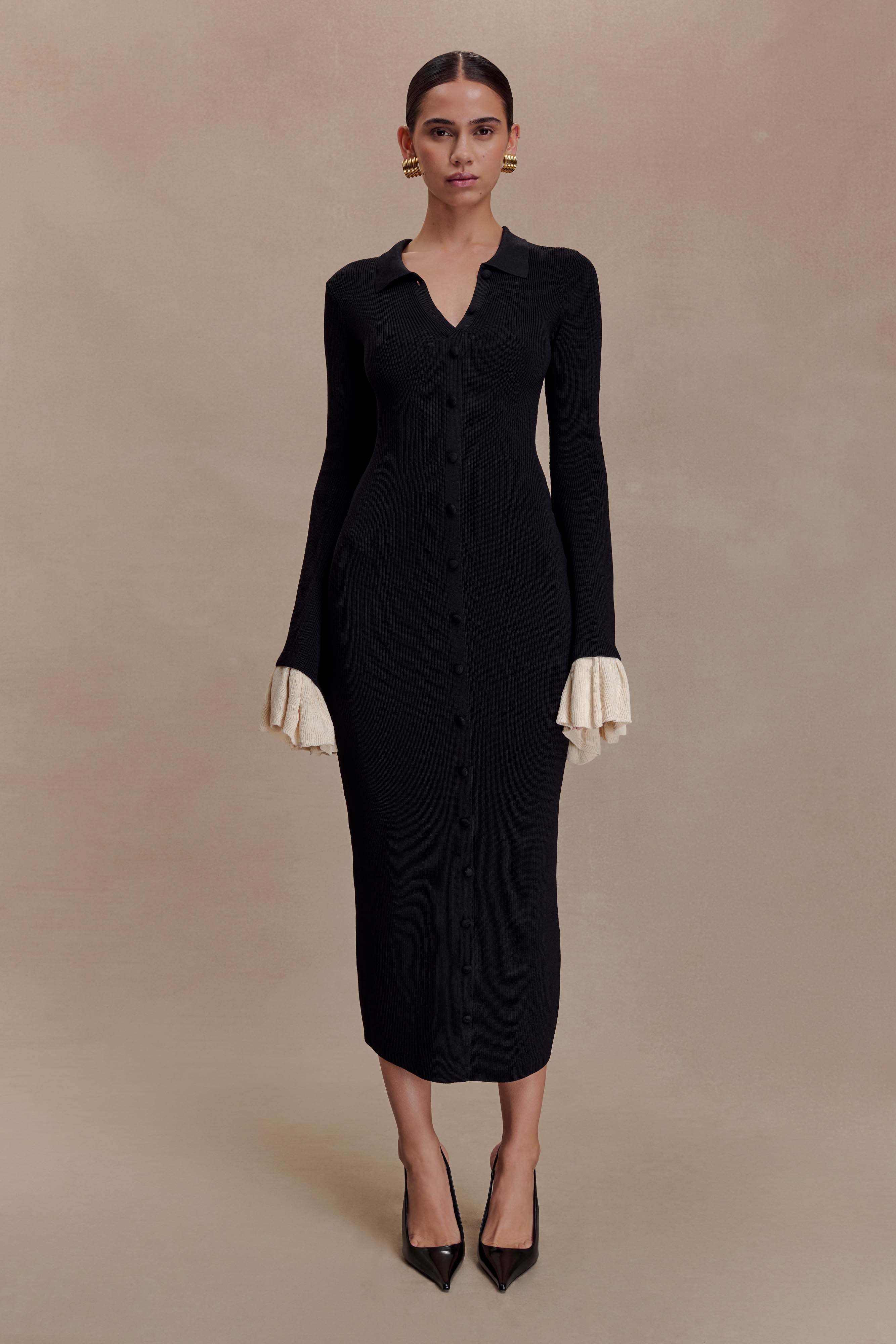 Amirose Ruffle Knit Midi Dress - Black | MESHKI UK