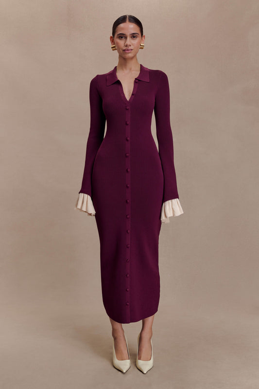 Amirose Ruffle Knit Midi Dress - Plum