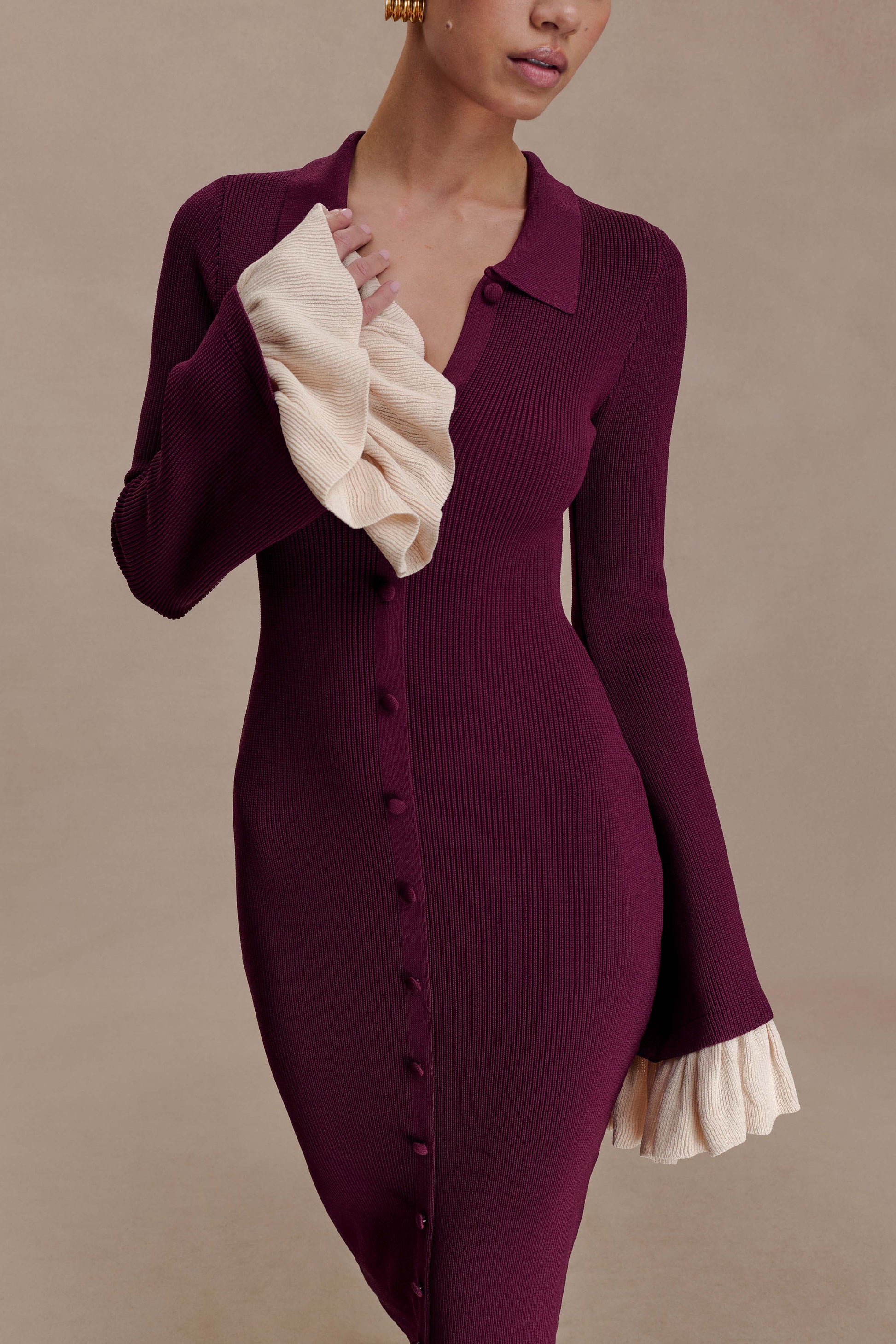 Amirose Ruffle Knit Midi Dress - Plum #6