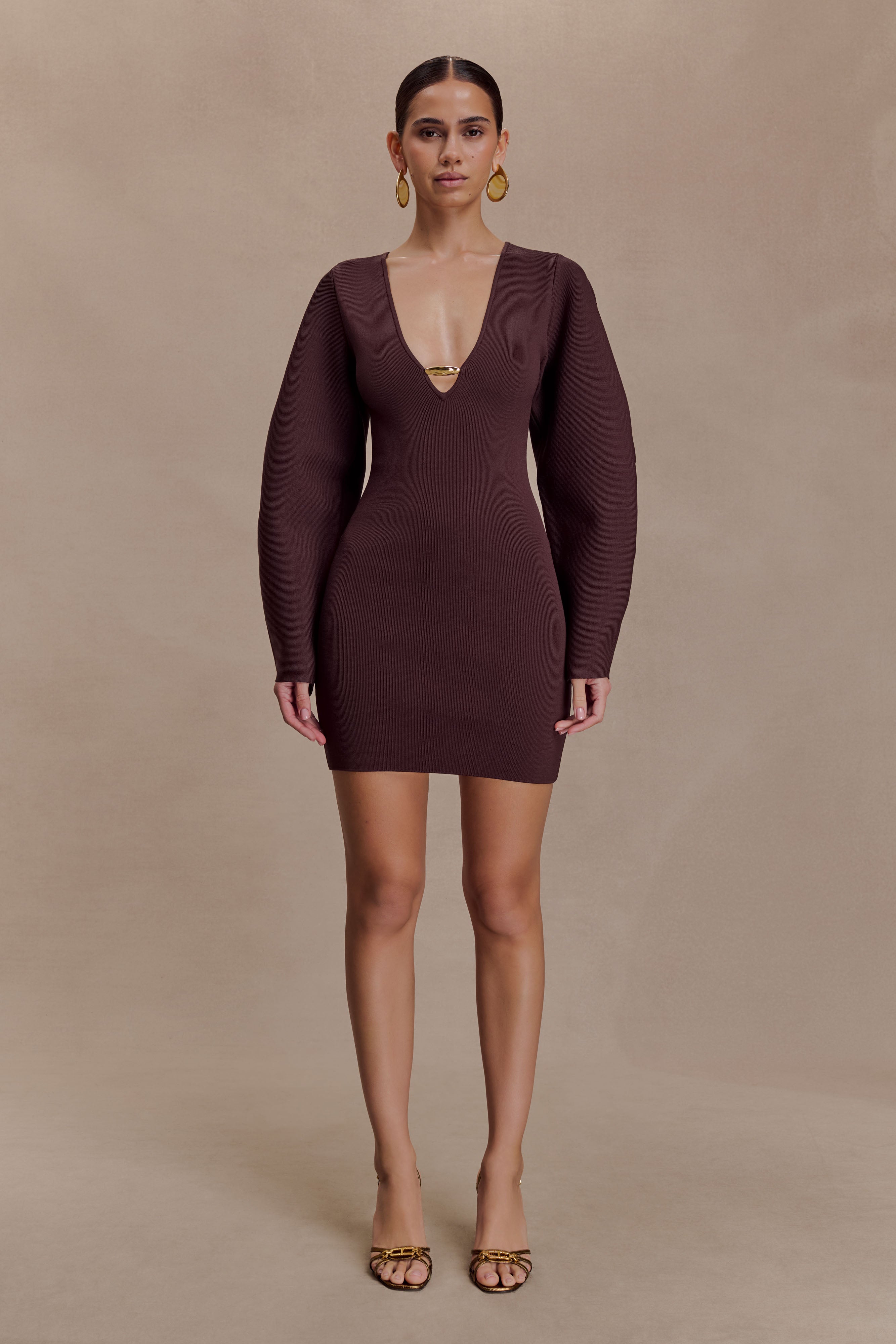 Billy Balloon Sleeve Knit Mini Dress - Dark Chocolate | MESHKI UK Billy Balloon Sleeve Knit Mini Dress - Dark Chocolate | MESHKI UK