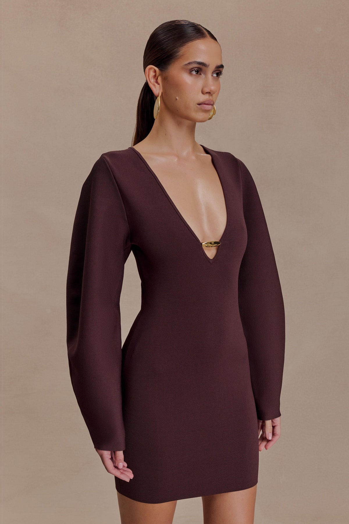 Billy Balloon Sleeve Knit Mini Dress - Dark Chocolate #6