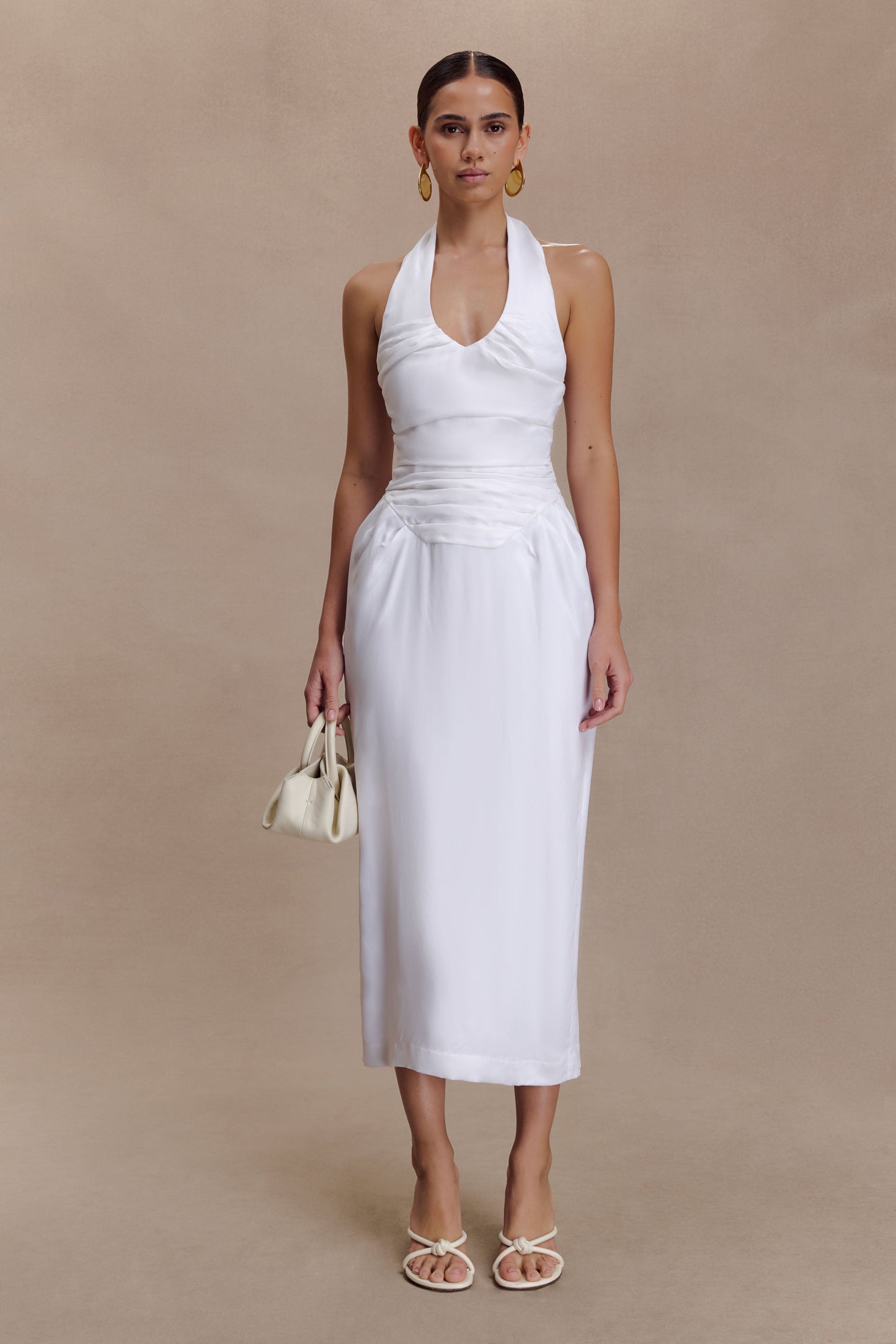 Daniela Ruched Halter Midi Dress - White