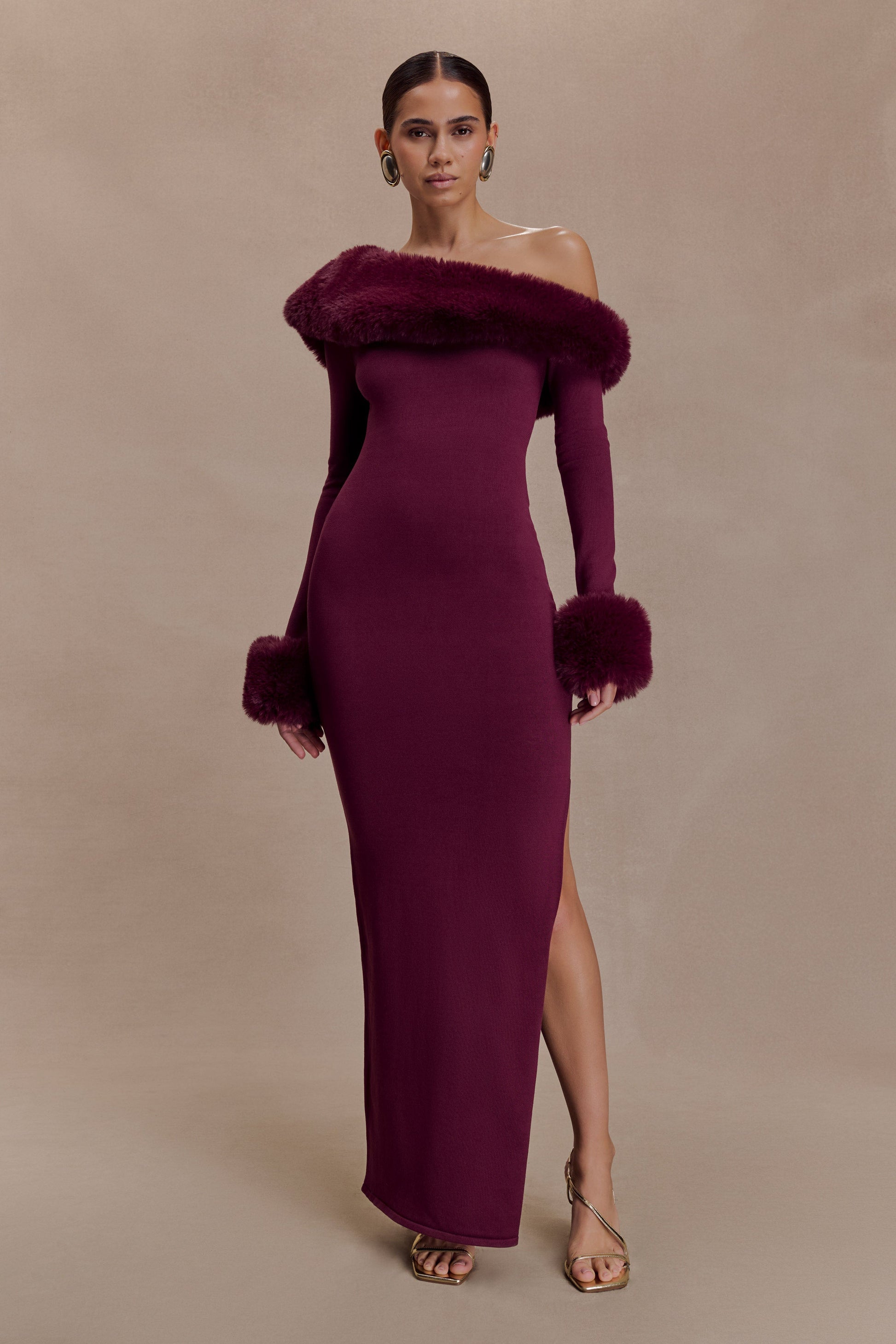 Karleigh Faux Fur Knit Maxi Dress - Plum #5