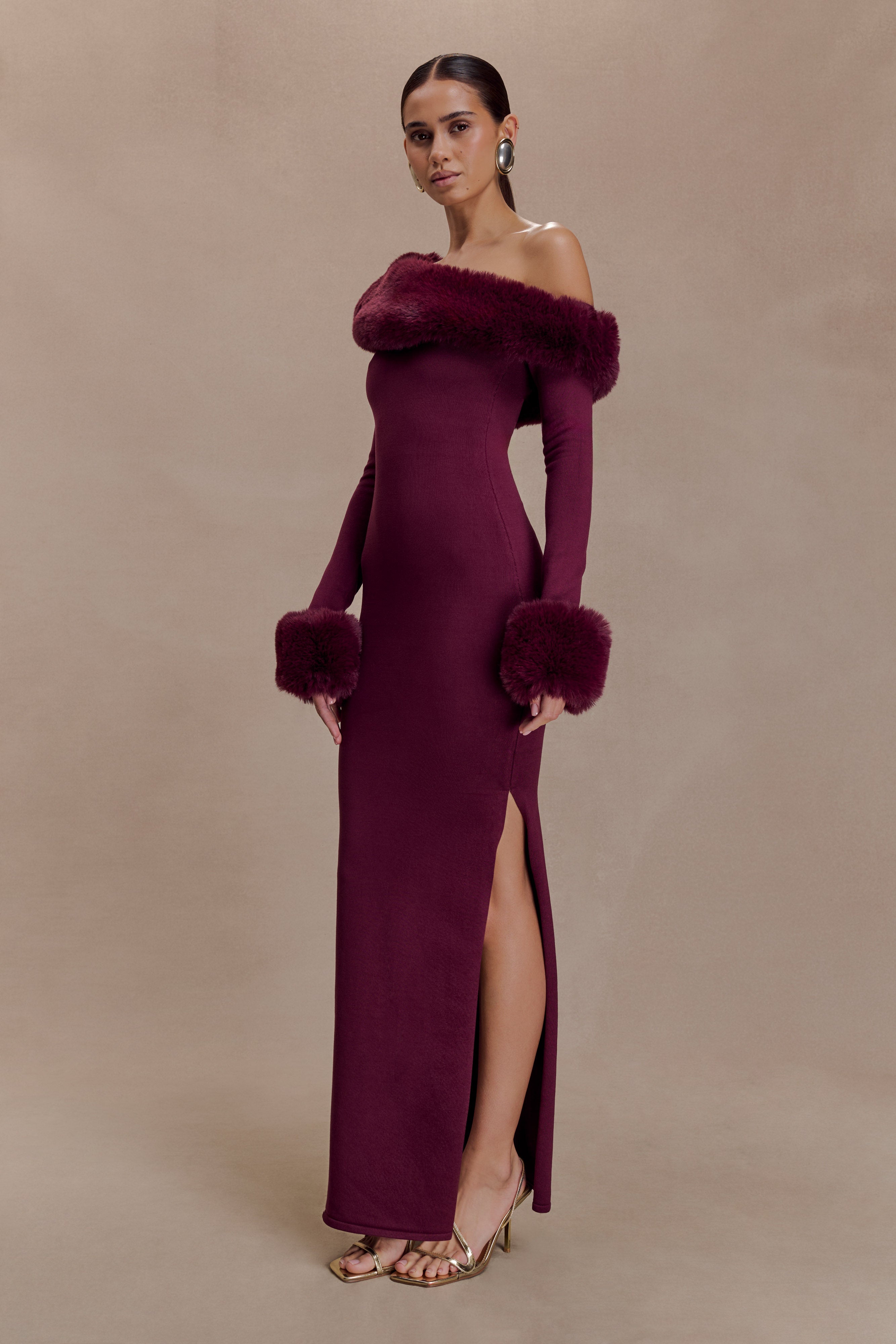 Karleigh Faux Fur Knit Maxi Dress - Plum | MESHKI UK