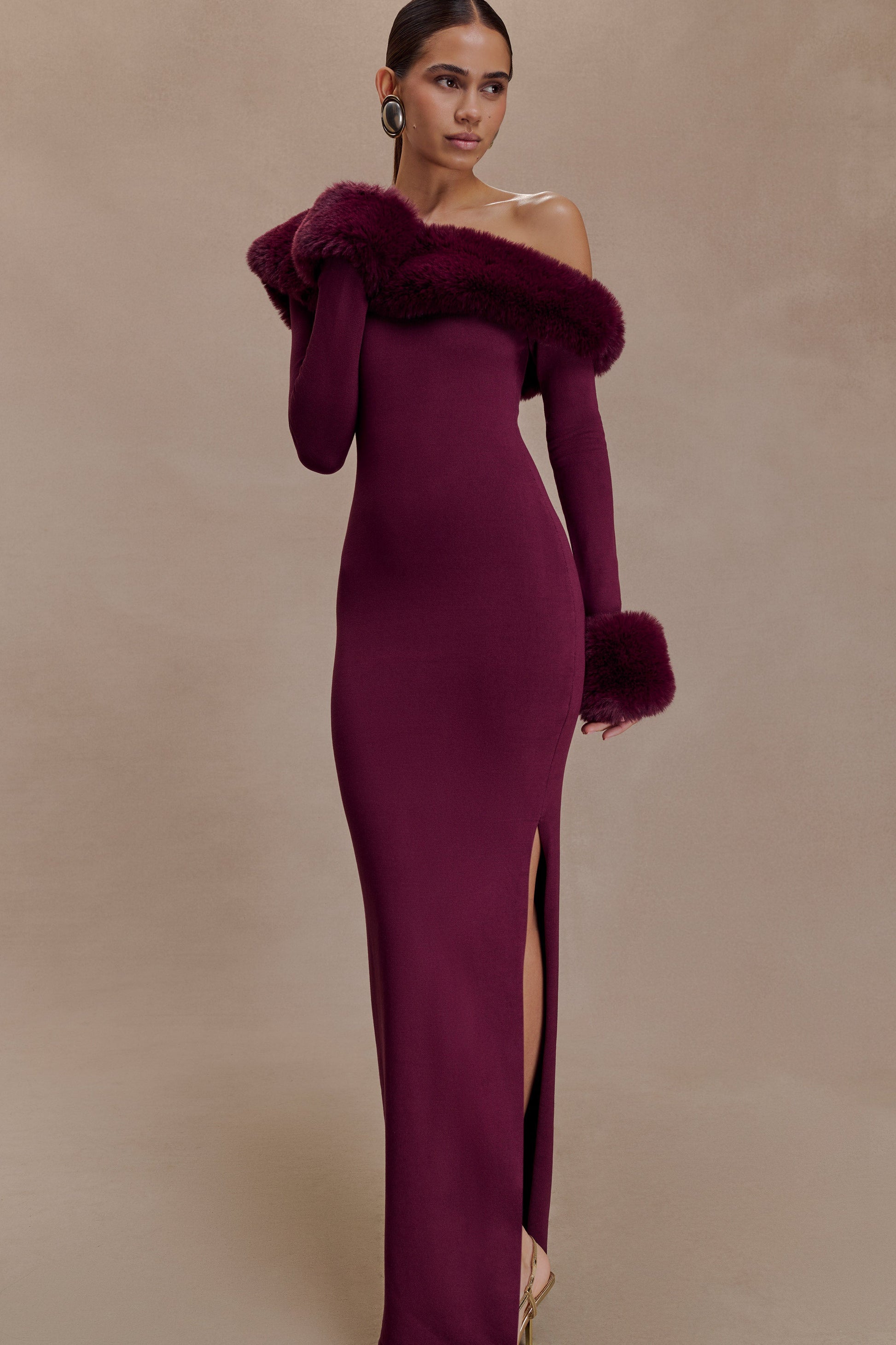 Karleigh Faux Fur Knit Maxi Dress - Plum #6