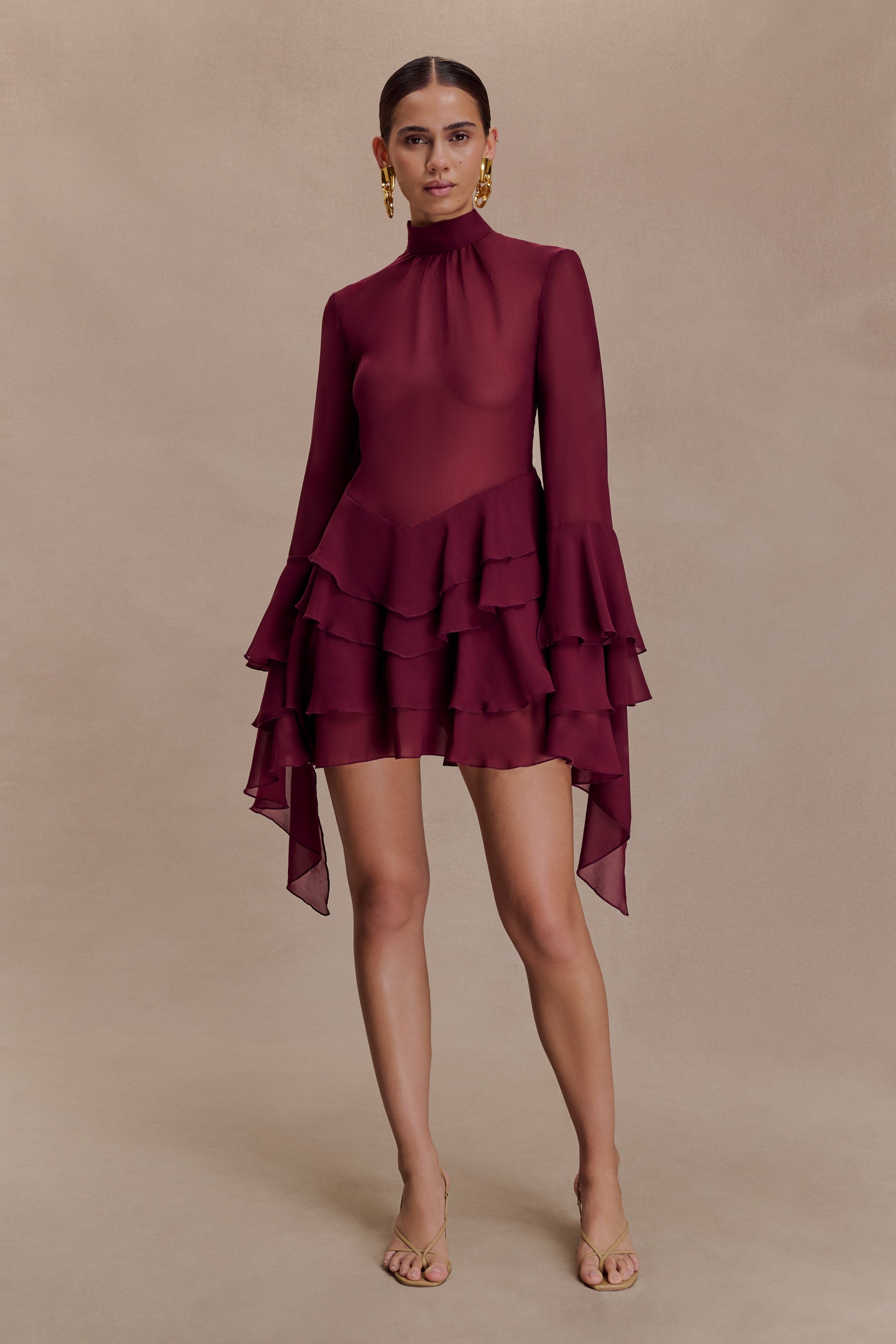 Nimah Chiffon Ruffle Mini Dress - Wine #8