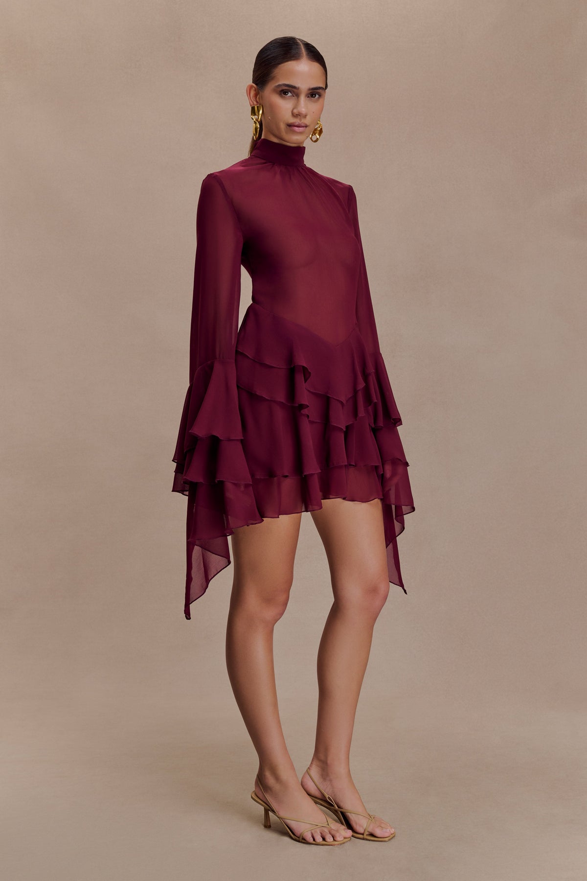 Nimah Chiffon Ruffle Mini Dress - Wine #3