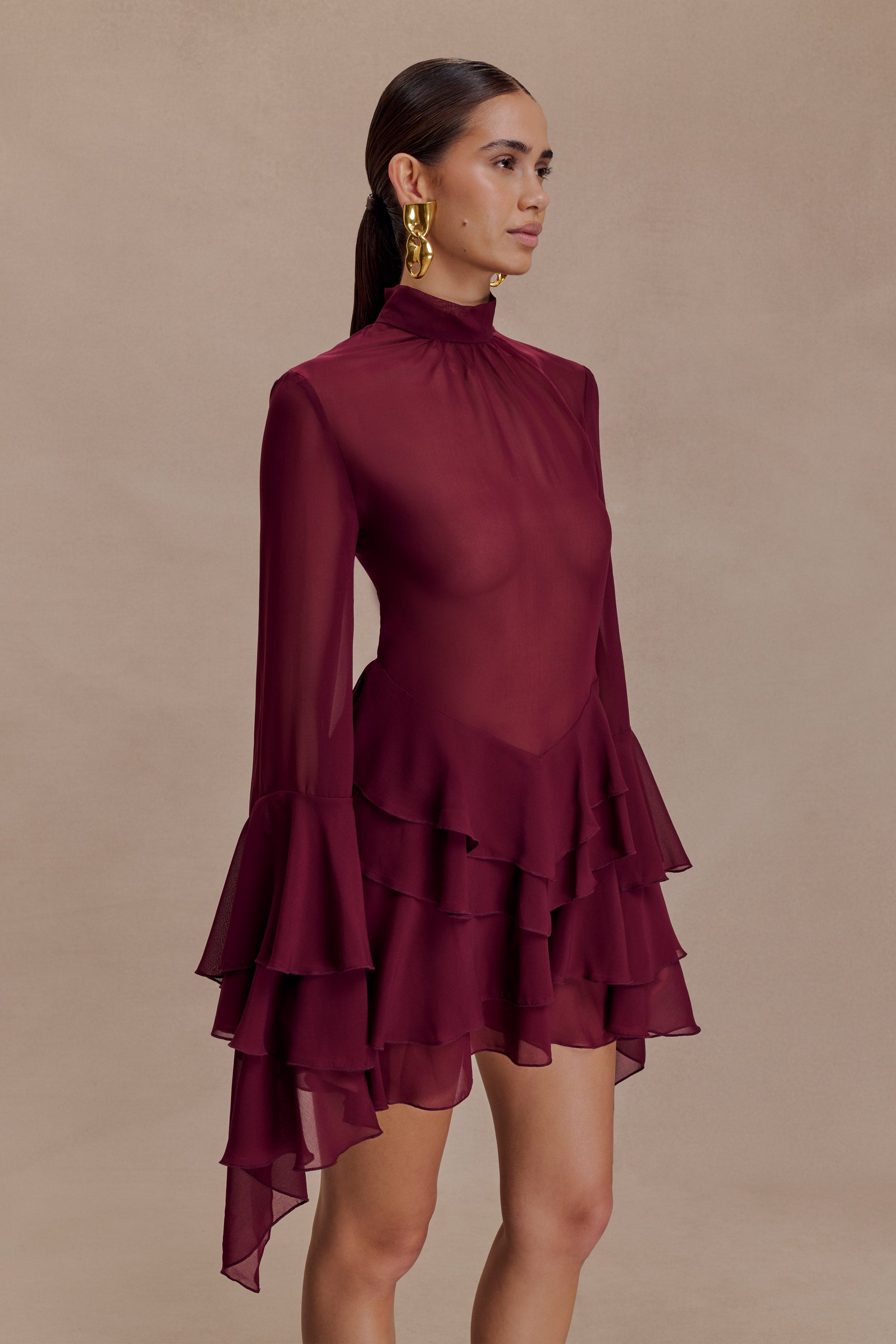 Nimah Chiffon Ruffle Mini Dress - Wine #7