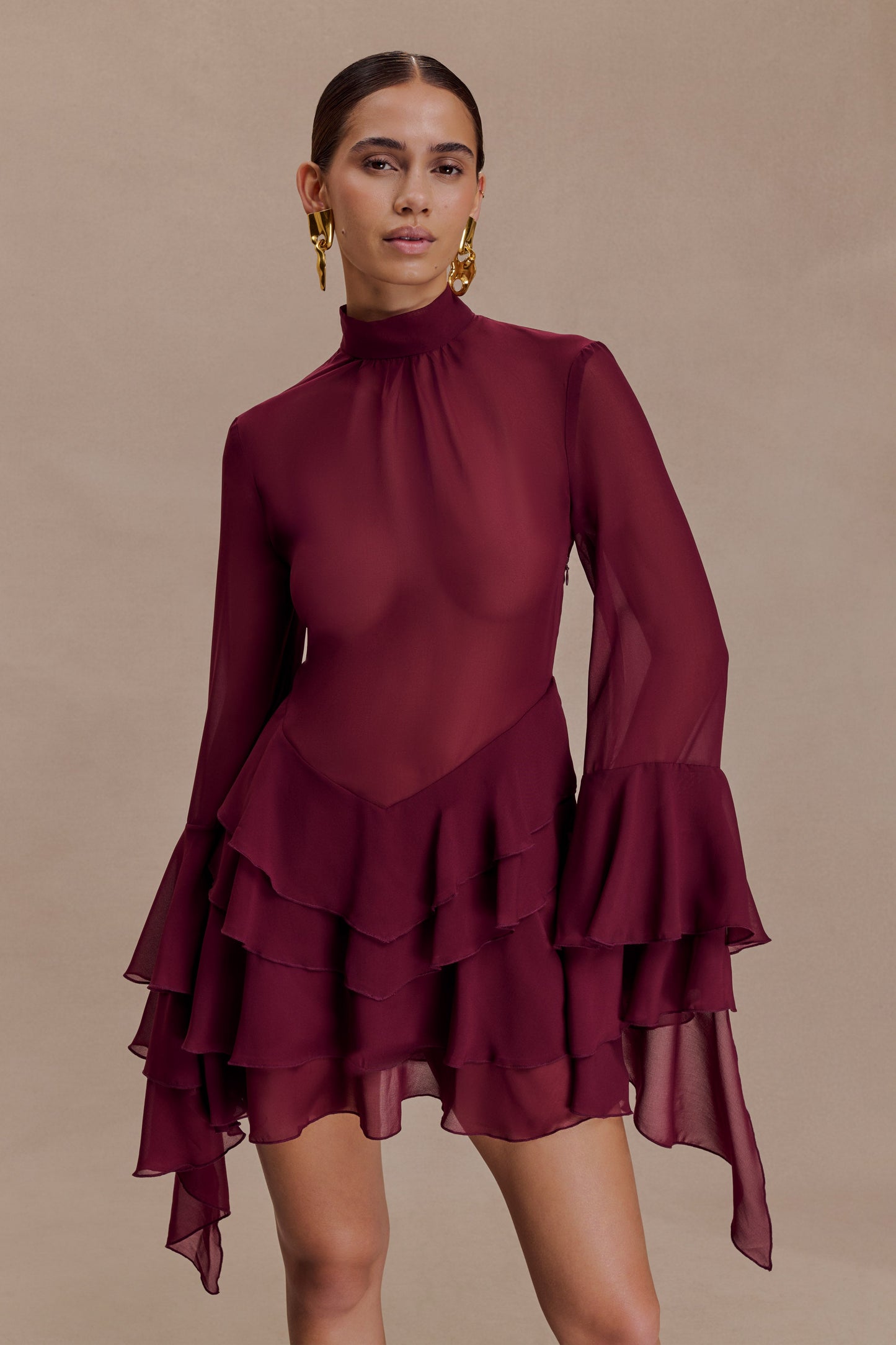 Nimah Chiffon Ruffle Mini Dress - Wine