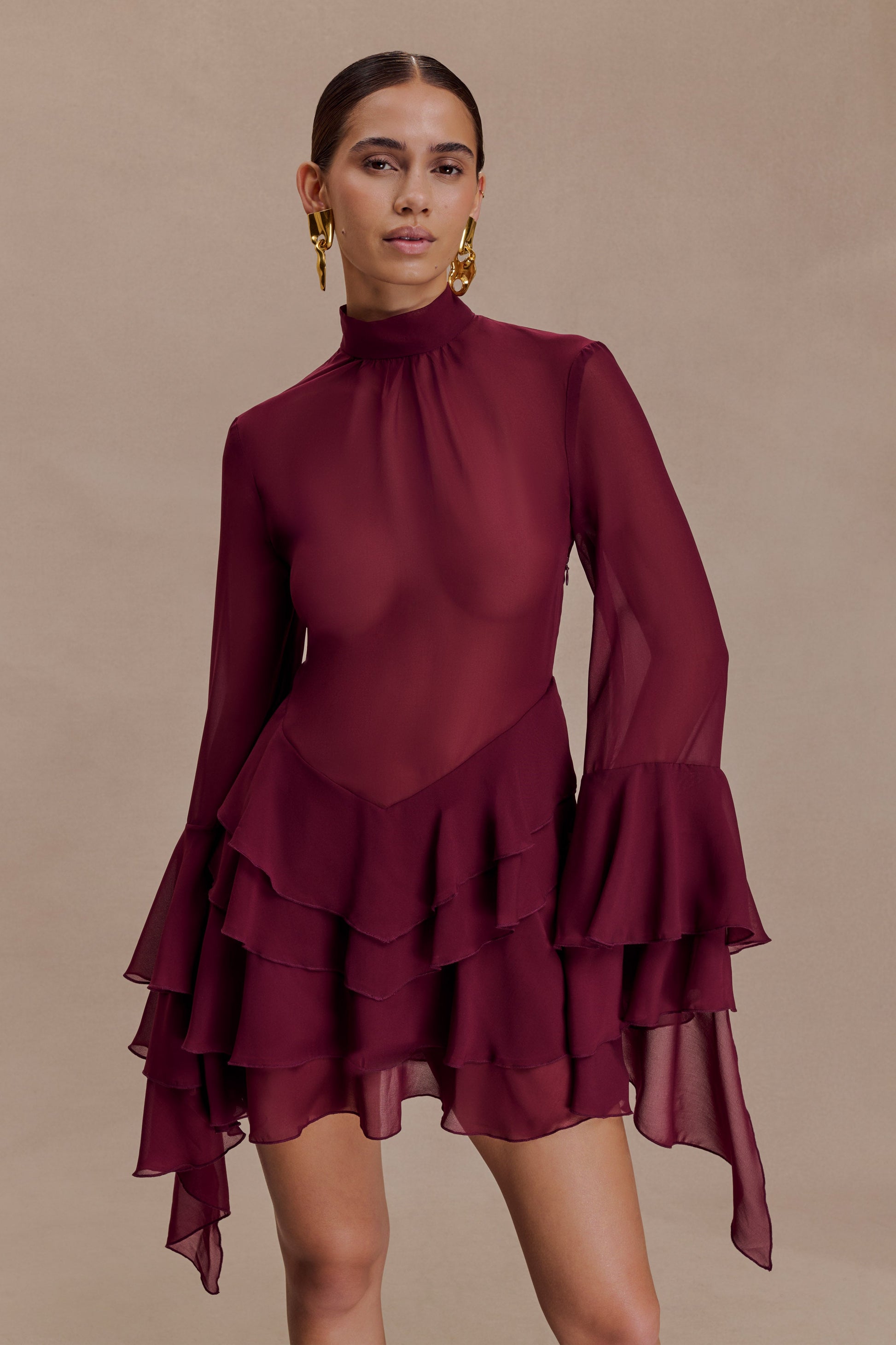 Nimah Chiffon Ruffle Mini Dress - Wine #5